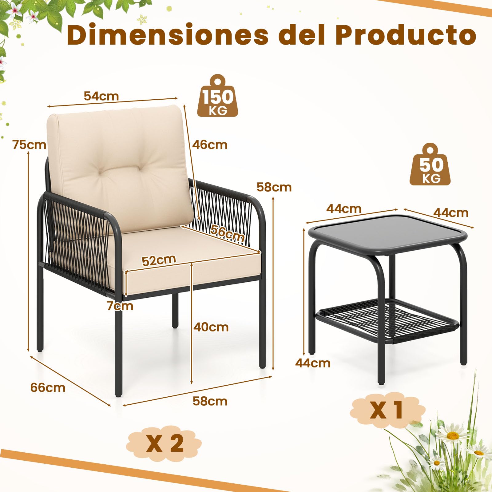 COSTWAY Conjunto Jardin Exterior de Ratan PE 3 Piezas, Mesa de Vidrio Templado, 2 Sillas con Cojines, Mesa y Sillas Muebles Jardin Terraza Balcon Exterior
