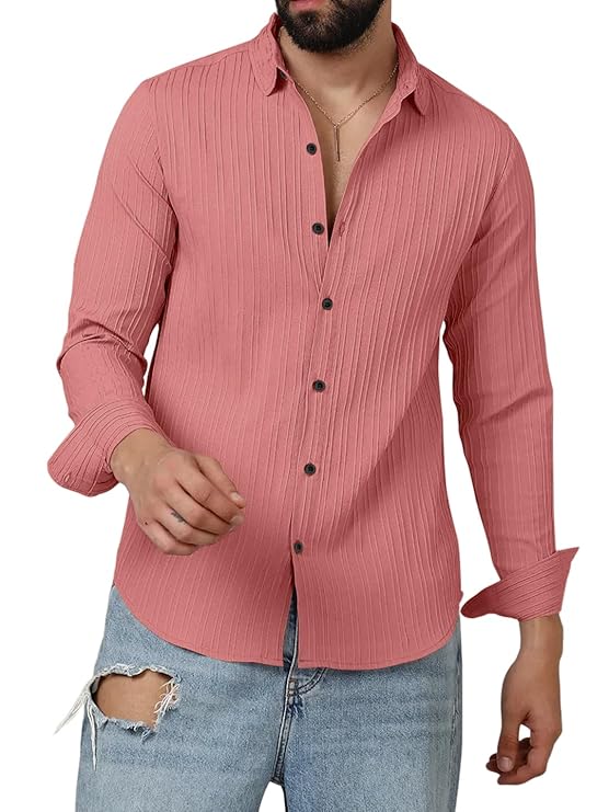 FINIVO FASHION Men's Casual Cotton Plain Button Down Shirts Long Sleeve Textured Summer Beach Shirt for Men