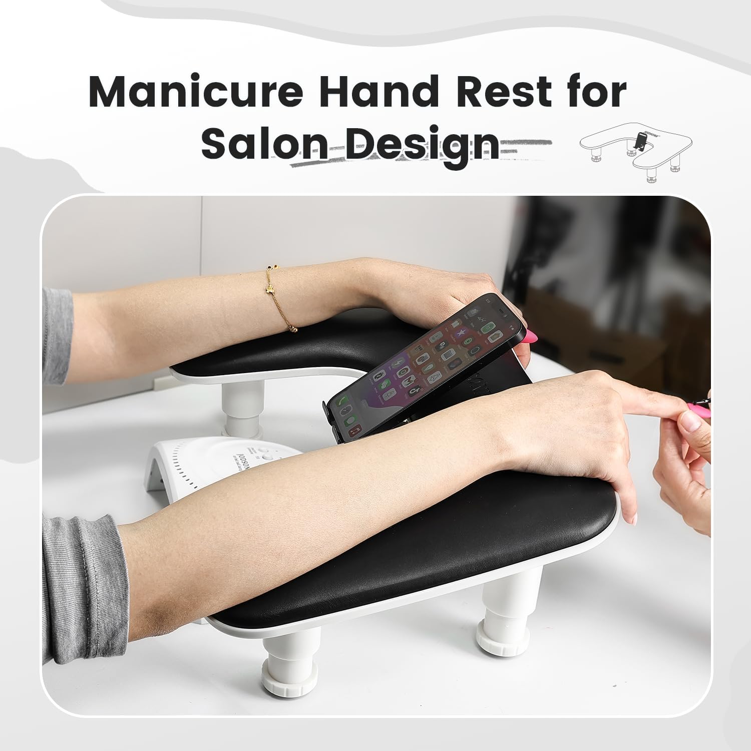 JODSONE Accoudoir noir en forme de U pour technicien des ongles avec support de téléphone portable intégré rotatif à 360° et accoudoir réglable pour manucure en salon