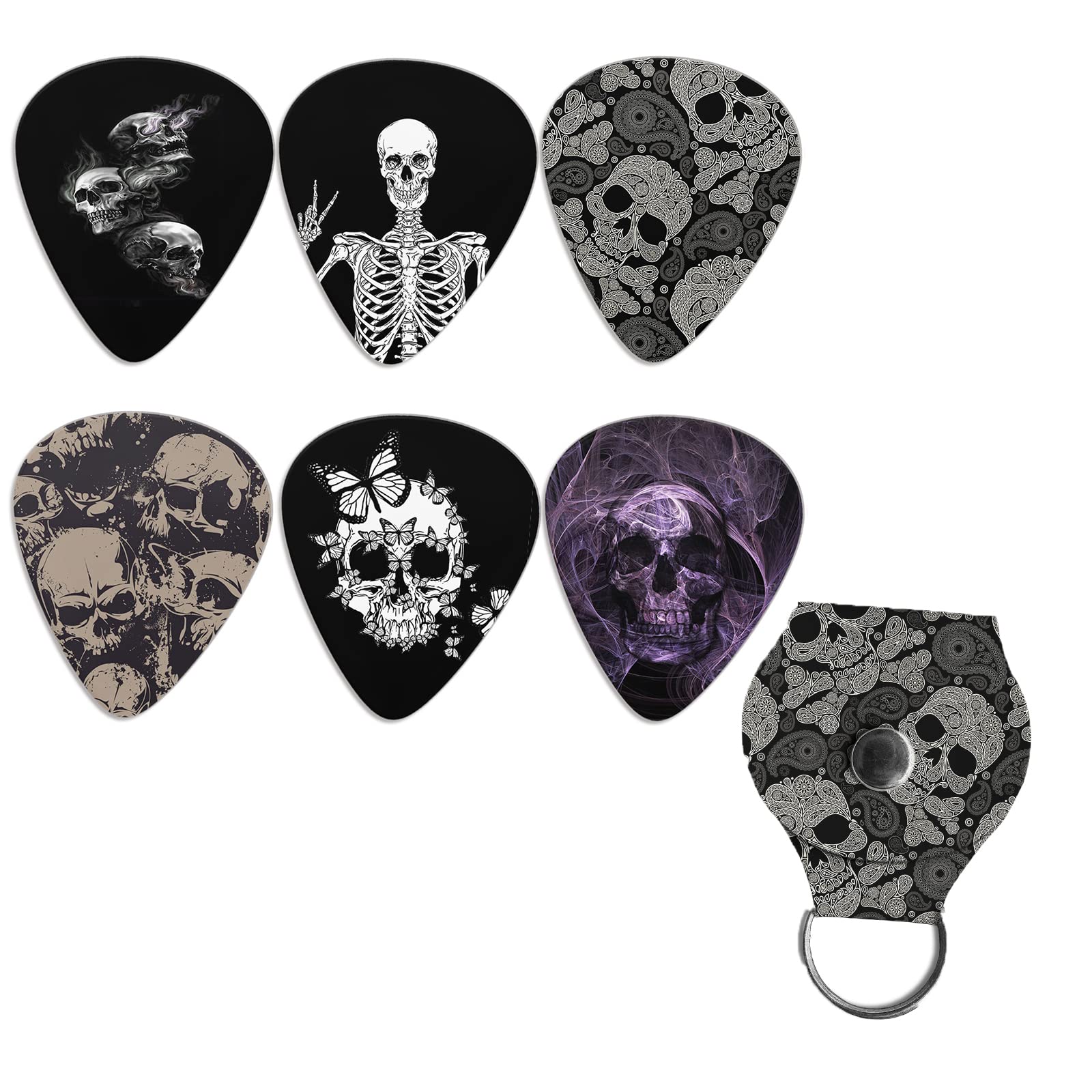 KEIAHUAN Cool Skull Guitar Picks with Guitar Picks Holder for Womens Mens for Bass Electric Acoustic Guitars 6 pack 0.96mm