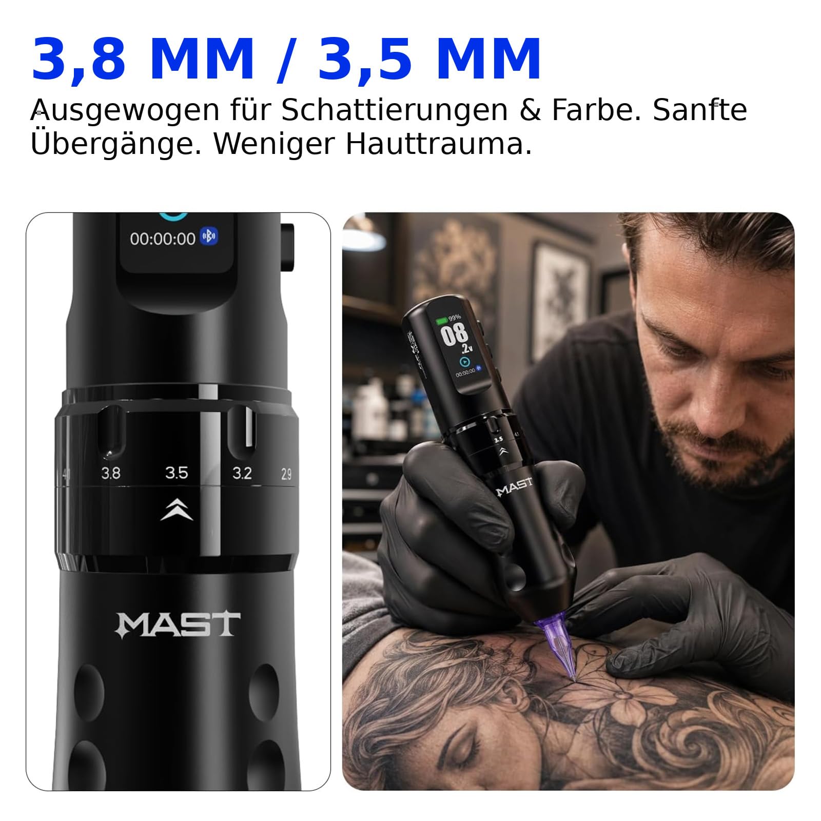 Mast Tattoo Flip4 Pro Kabellose Tattoo Maschine mit 7 Hub 2.5-4.5mm | Mcore C1.1 Motor,2 Akku 2000mAh Akku Tätowiermaschine für Profis Schwarz