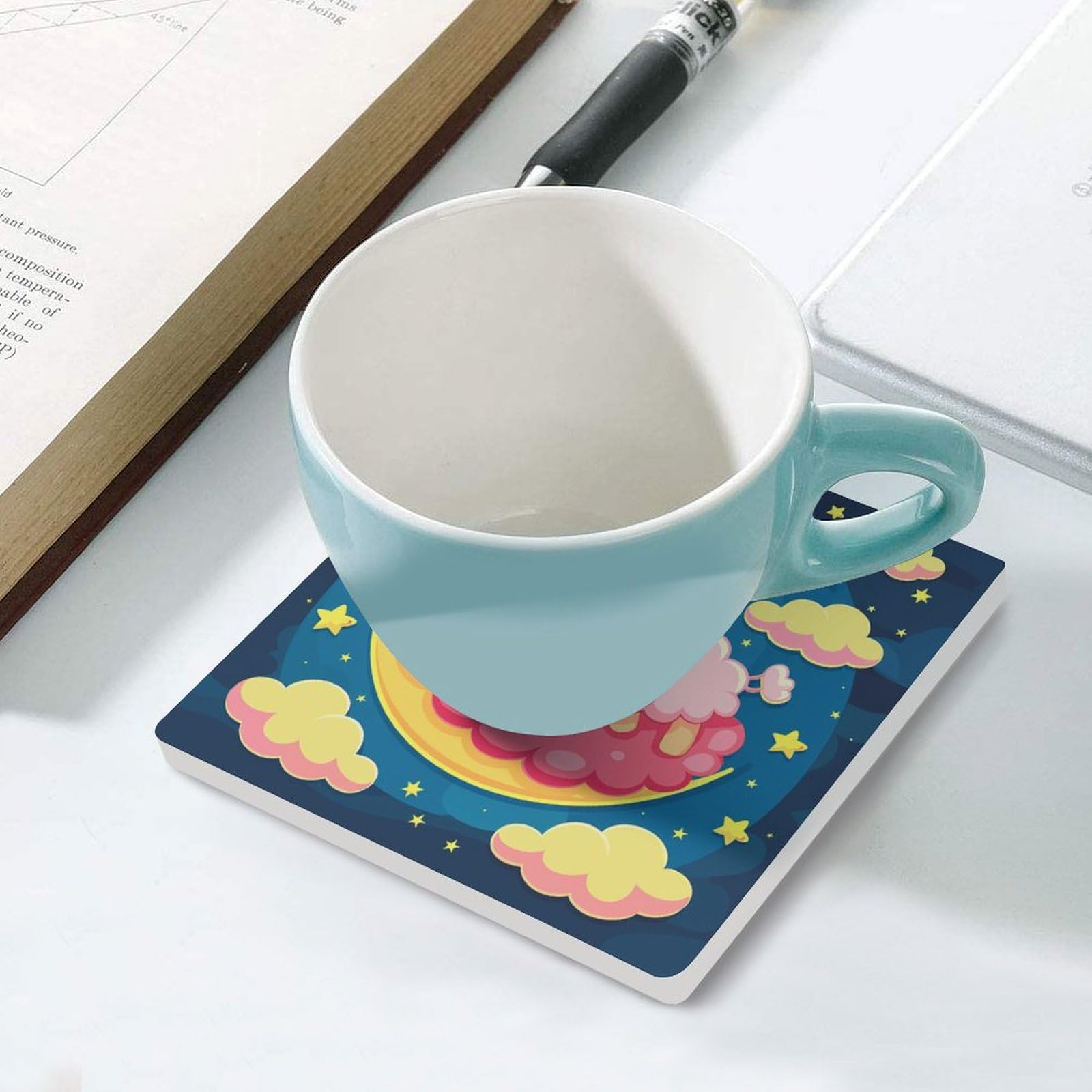 6 posavasos cuadrados de cerámica para beber, dormir en la luna, posavasos impresos para el hogar y el café, regalos de cumpleaños, adecuados para tipos de tazas