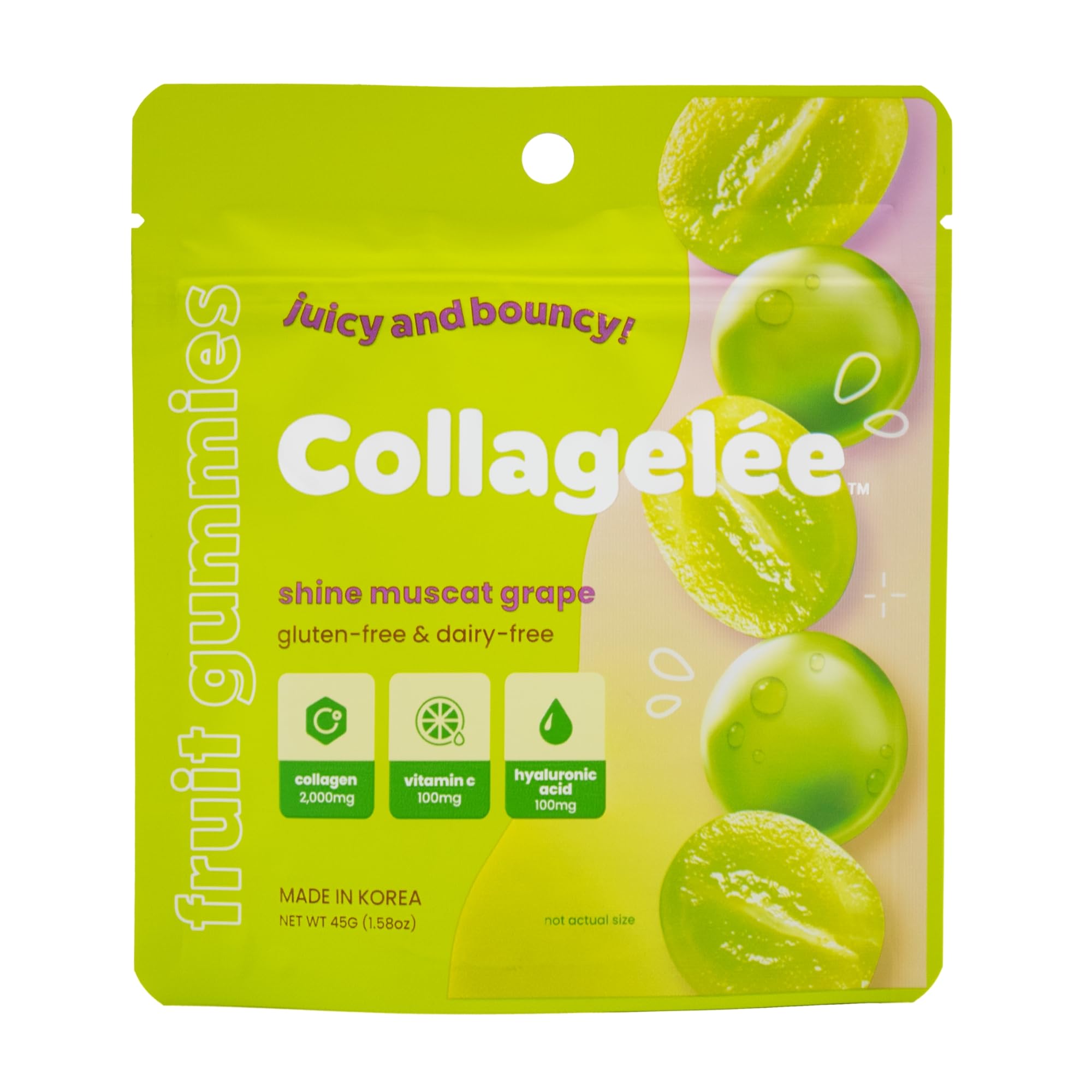 Collagelee Collagen Gummies - Marine Collagen Candy with Vitamin C, Hyaluronic Acid, & Biotin for Moisturized, Youthful, Plump Skin - Korean Collagen Snacks (Shine Muscat Grape)