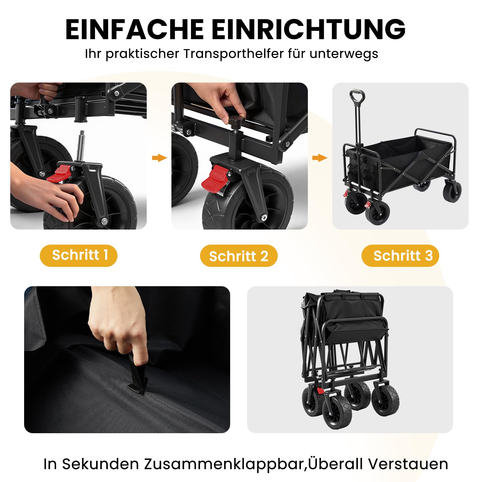 Palawano Bollerwagen Faltbar 150L – Transportwagen mit Rollen, Schwerlast Campingwagen für Festival, Strand, Garten & Einkauf