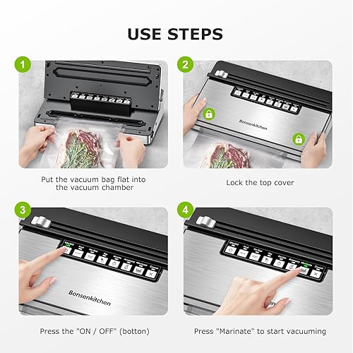 Miniatura 7 de Bonsenkitchen Máquina selladora al vacío, sellador de alimentos al vacío de acero inoxidable con sistema de sellado al vacío 8 en 1, 6 modos de