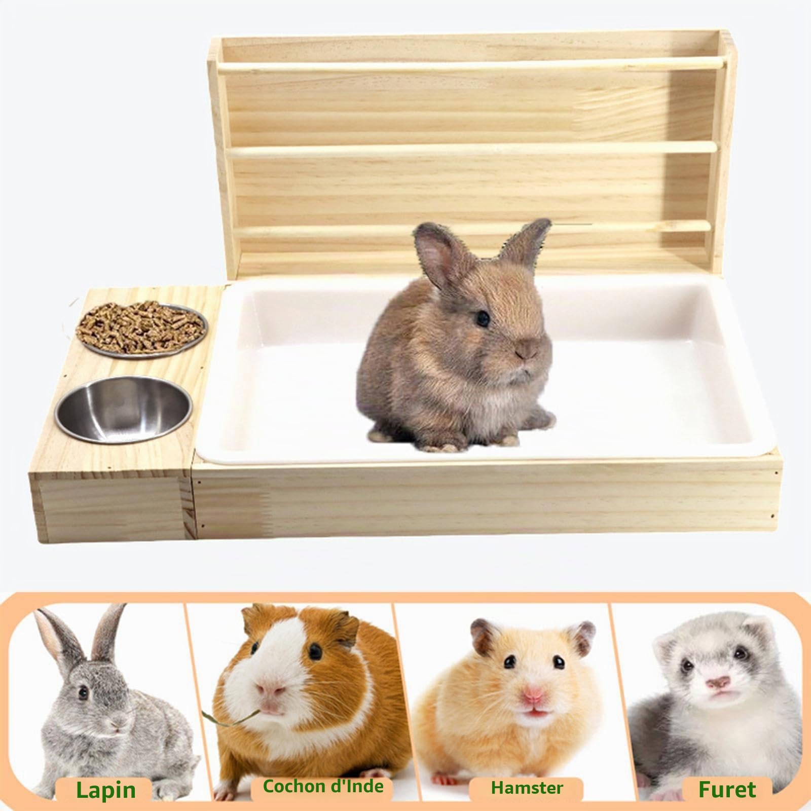 F Fityle 3 en 1 Mangeoire à Foin de Lapin avec Bac à Litière, Mangeoire Multifonction Facile à Nettoyer en Bois, Jouet de Recherche de Nourriture pour Lapin/Cobaye/Chinchillas/Hamster