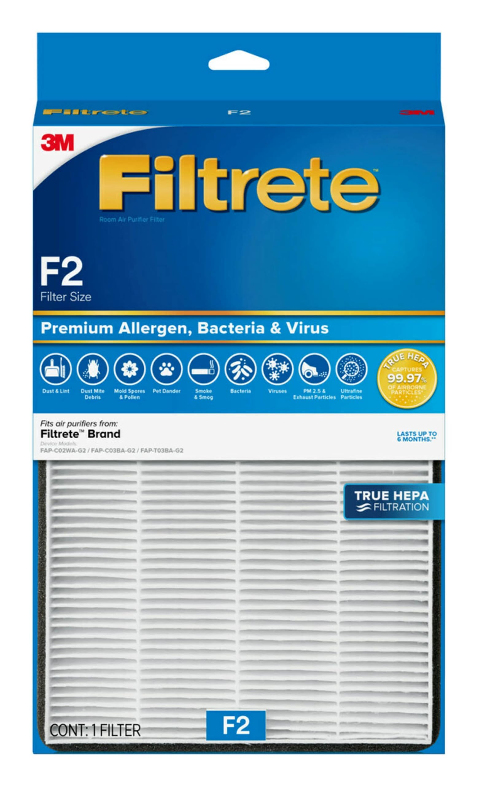 Filtrete F2 Room Air Purifier Filter, True HEPA Premium Allergen, Bacteria, and Virus, 13 in. x 8.2 in., 4-Pack, works with devices: FAP-C02WA-G2, FAP-C03BA-G2, FAP-T03BA-G2 and FAP-SC02N