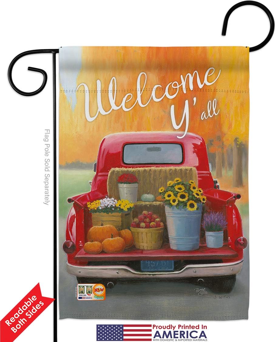 Welcome Harvest Truck Garden Flag - Pack Fall & Autumn Scarecrow Pumkins Sunflower Leaves Season Autumntime Gathering USA Applique - House Banner Small Yard Gift Double-Sided Made In 13 X 18.5