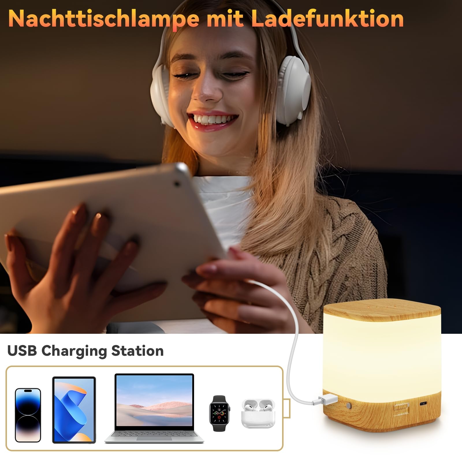 Homefire Lampada da Comodino LED 2ER Touch Dimmerabile: Lampada da Tavolo con Batteria 3600mAH, Ricaricabile USB, Lampada da Comodino Senza Fili con 3 Temperature di Colore e Timer, Luce Notturna per