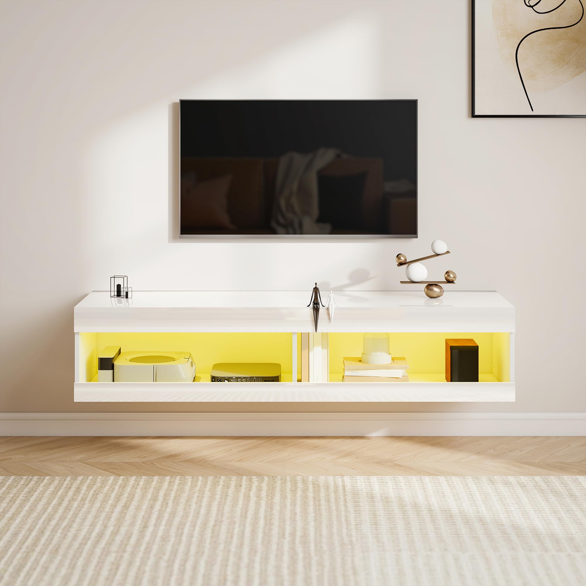 HOMCOM Mueble de TV Suspendido con Luces LED, Compartimentos y Orificios Pasacables, Mueble de TV para Salón con Control Remoto para Televisión 55-60 Pulgadas, 140x40x30 cm, Blanco Brillo