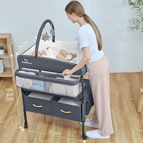Miniatura 5 de BabyBond Cambiador portátil para bebé con 2 cestas de almacenamiento, cambiador de pañales plegable, impermeable, estación de cambio ajustable en