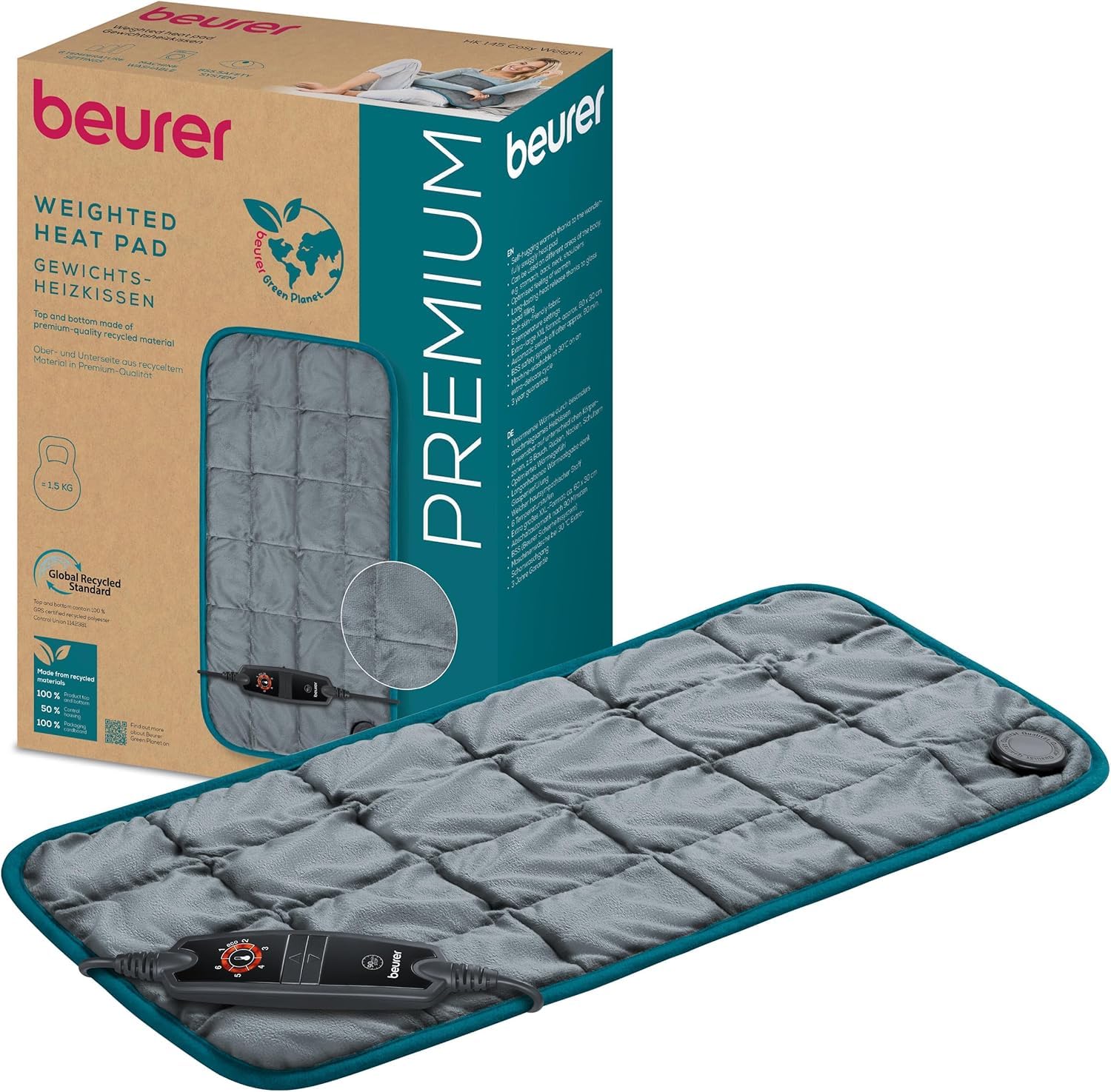 Beurer HK 145 Cosy Weight Gewichtsheizkissen, anschmiegsames Heizkissen mit 1500g Gewicht für mehr Entspannung, Beruhigung und umarmende Wärme, Wärmekissen mit Glasperlenfüllung, 60 x 30 cm