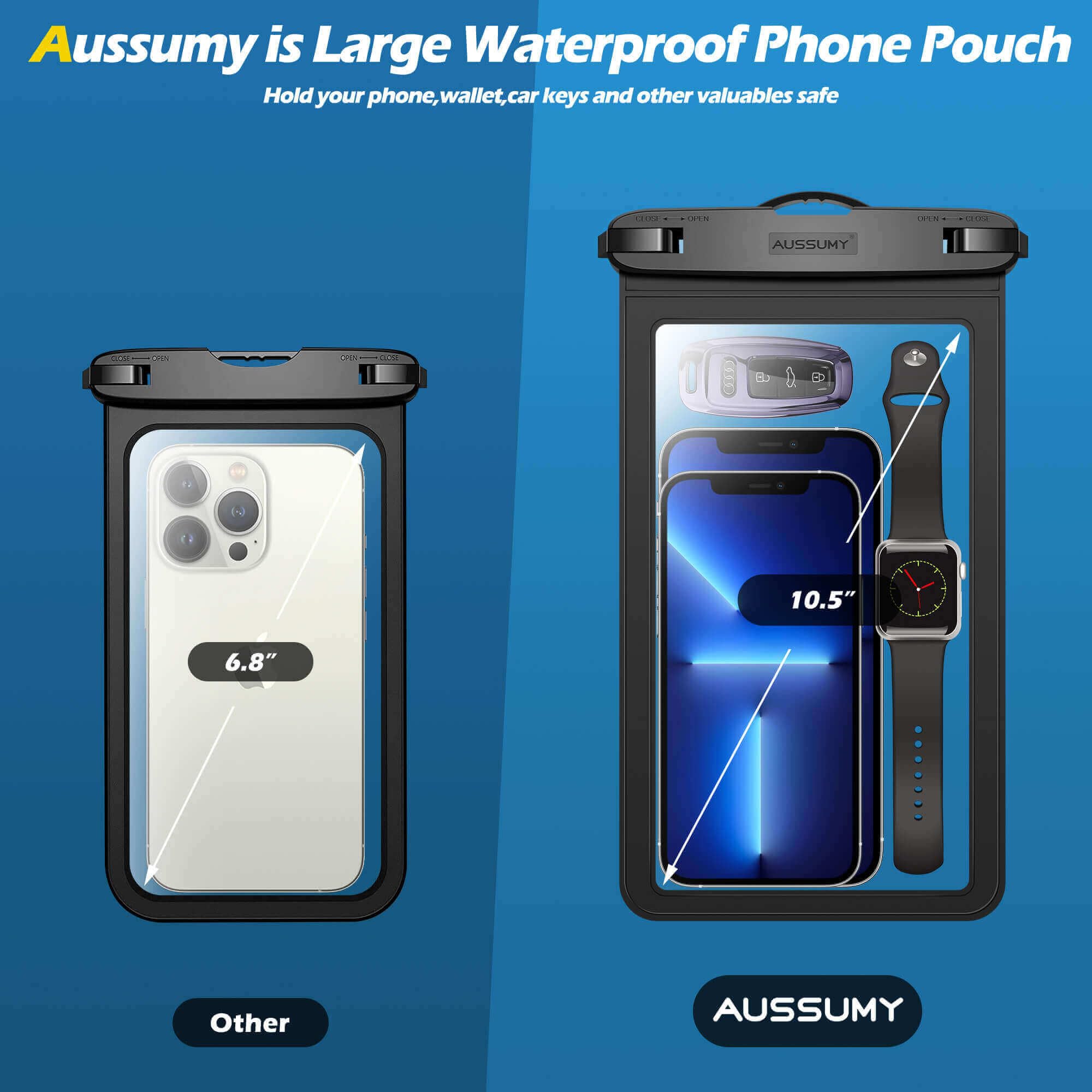 Paquete de 4 fundas impermeables grandes de 10.5 pulgadas, soporte transparente bajo el agua, bolsa seca universal a prueba de agua con cordón para el cuello para iPhone 16 Pro Max Samsung Galaxy con
