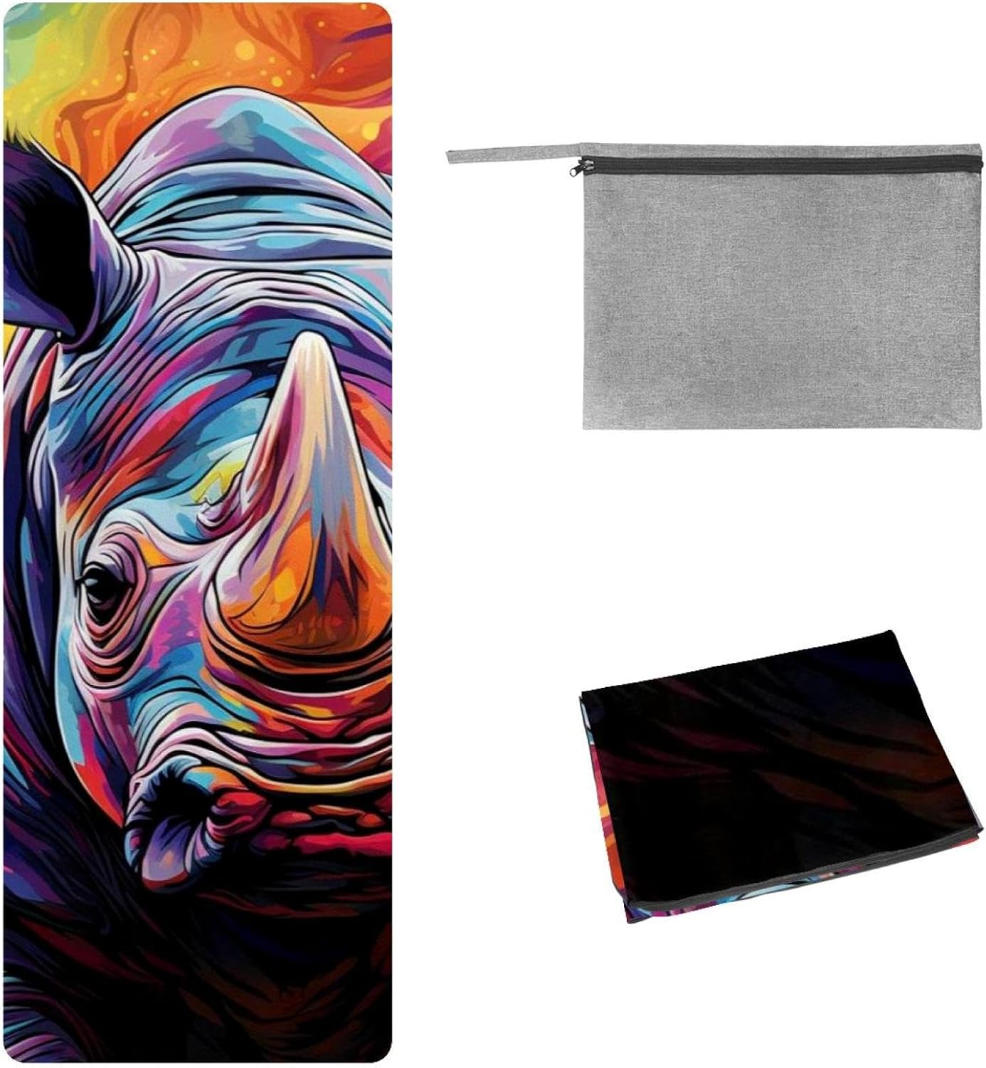 Yoga Towel, Rhino Animal Print Non Slip Sweat Absorbent Hot Yoga Mat Towel for Hot Yoga, Pilates and Fitness - 72.8" x 26.8"