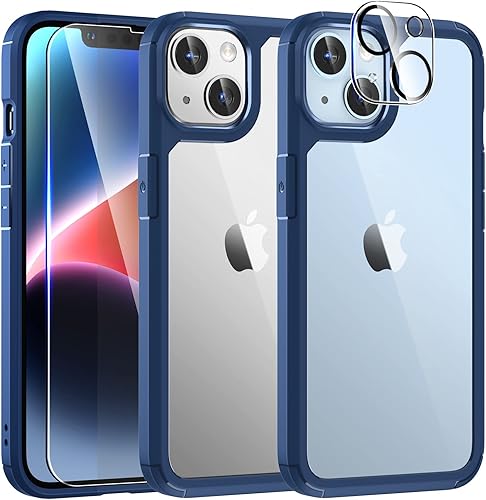 TAURI Funda 5 en 1 diseñada para iPhone 14 Plus, no amarillenta con 2 protectores de pantalla de vidrio templado + 2 protectores de lente de cámara,