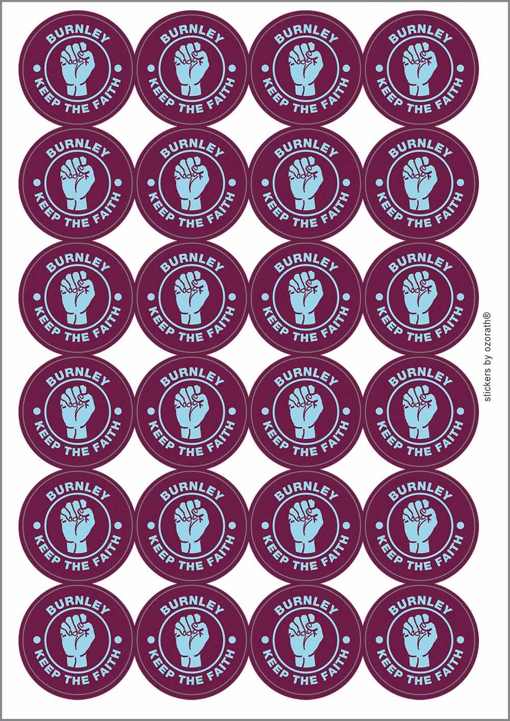 Burnley Keep The Faith Northern Soul Circular Matt Paper Stickers A4 Sheet of 24 (Each Sticker is 45mm Diameter)