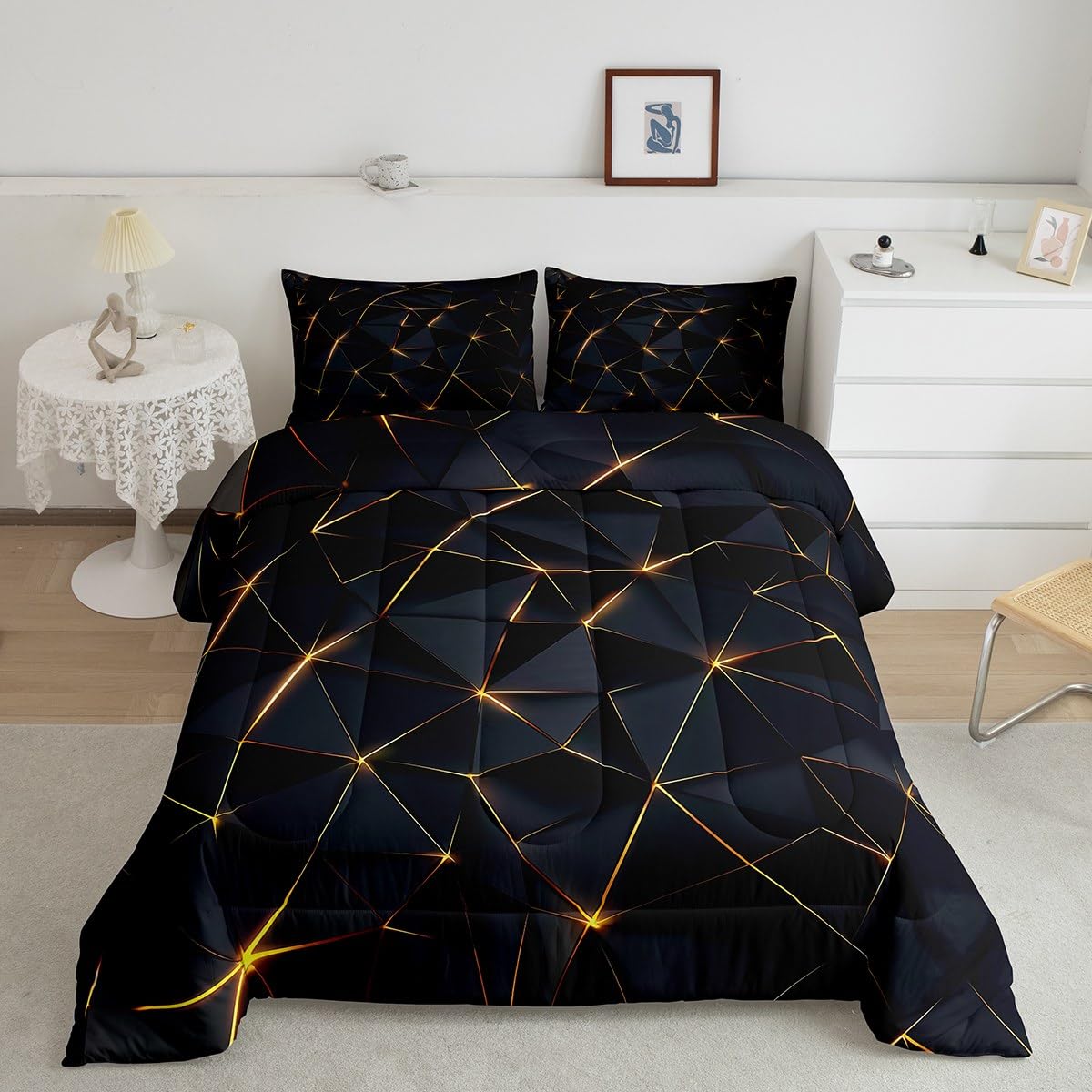 Feelyou Honeycomb Comforter Queen Size,Geometric Stereoscopic Theme Teens Boys Bedding Set,Adults Bedroom Decoration 3D Black Gold Print Comforter Set