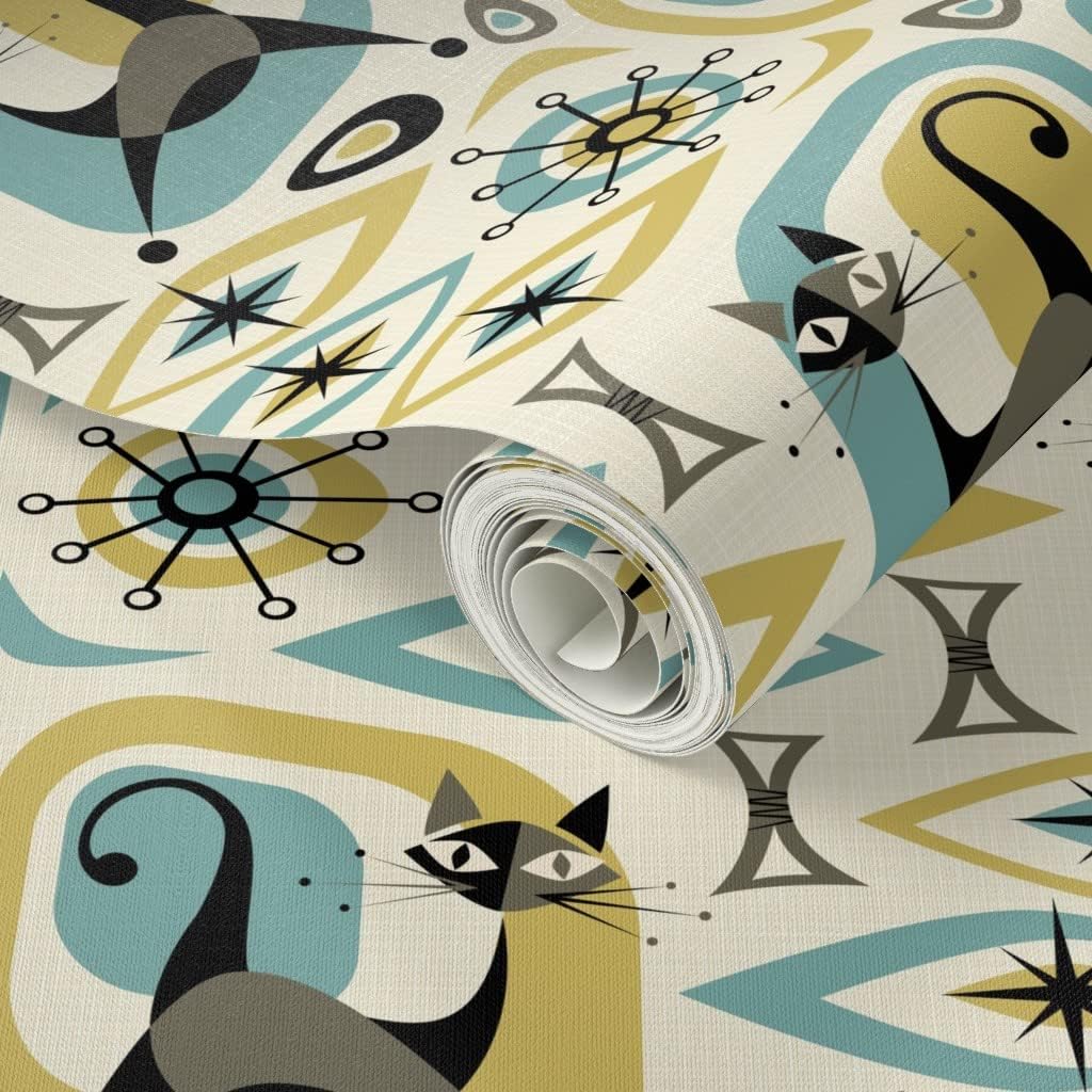 Peel & Stick Wallpaper 3ft x 2ft - Mid Century Cat Abstract Gold Diamonds Retro 1950S Cats Fifties Custom Removable Wallpaper by Spoonflower