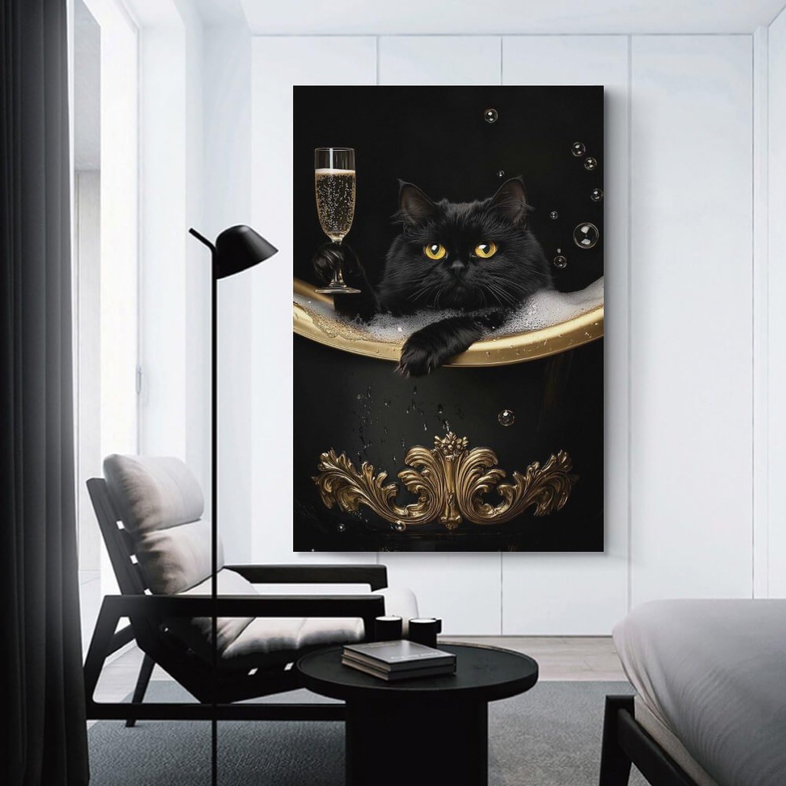Junmoney Unframe-Style-13 Black Cat In A Bathtub Wall Art Print, 12X18inch(30X45cm), For Living Room, Bedroom, Office Or Hallway, A Flexible Wall Accent For Shared Spaces