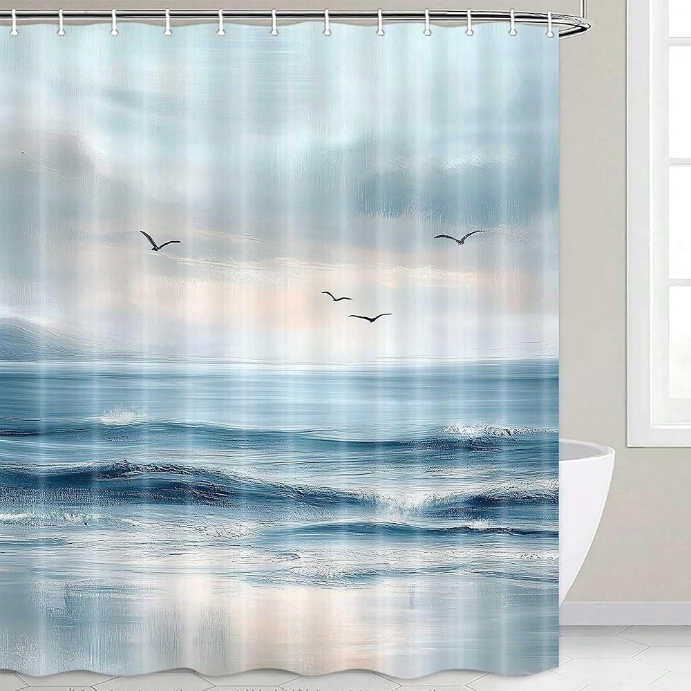 GLKSDLPO Beach Shower Curtain, Coastal Teal Oil Painting Ocean Sea Wave Seagull Nature Landscape Accessories Bathroom Decor(90x190cm/35x75in(WxH)