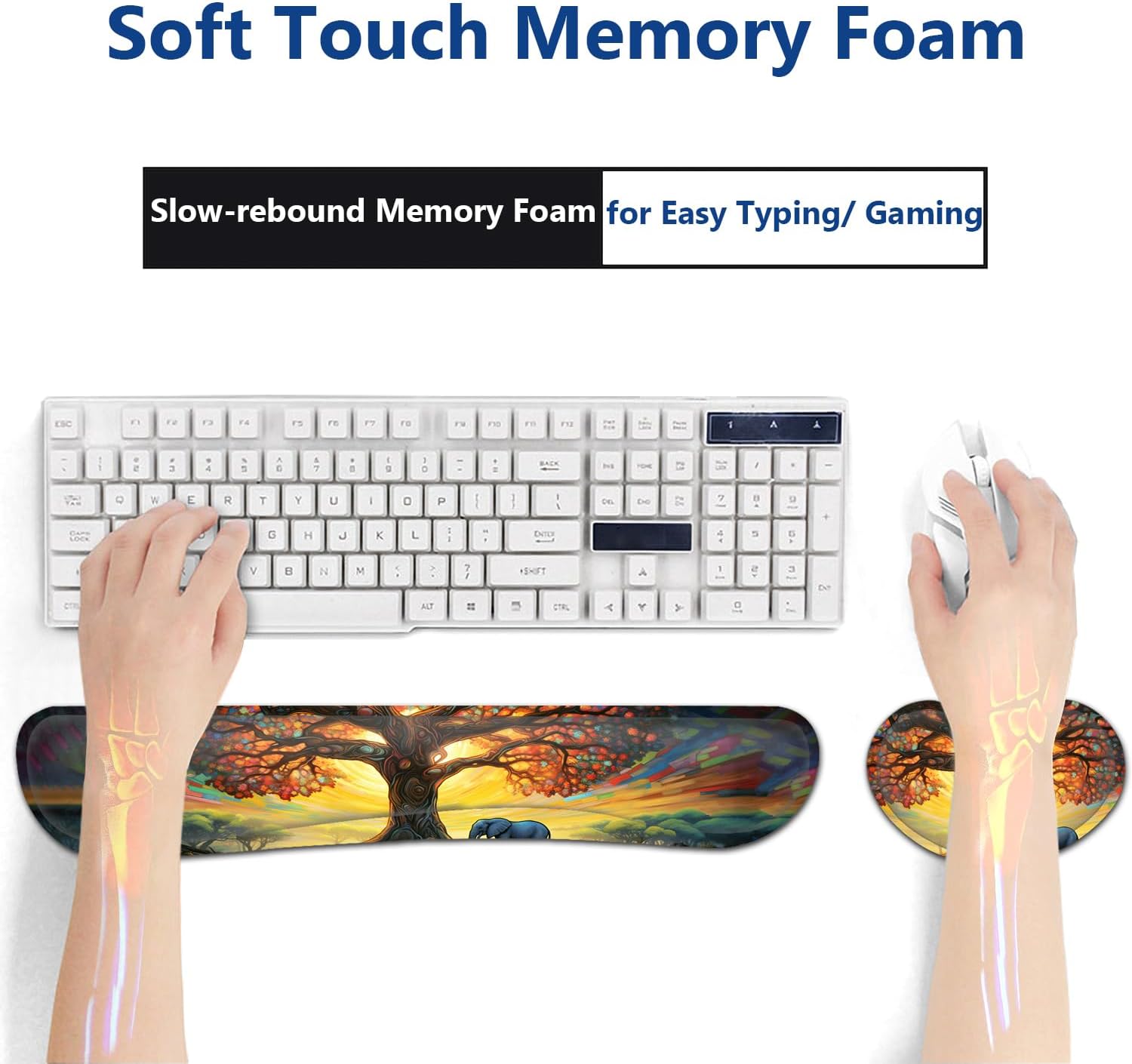 Large Mouse Pad + Keyboard Wrist Rest Set, Extended Gaming Mousepad (31.5X11.8 inch) with Non-Slip Rubber, Ergonomics Memory Foam Mouse Wrist Rest Support, Colorful Tree of Life + Elephant Desk Pad