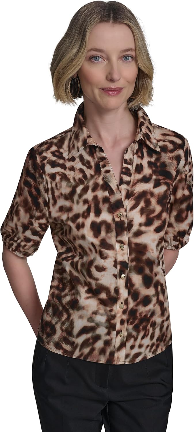 Halston Women's 3/4 Puff Sleeve Animal Print Button Up Top