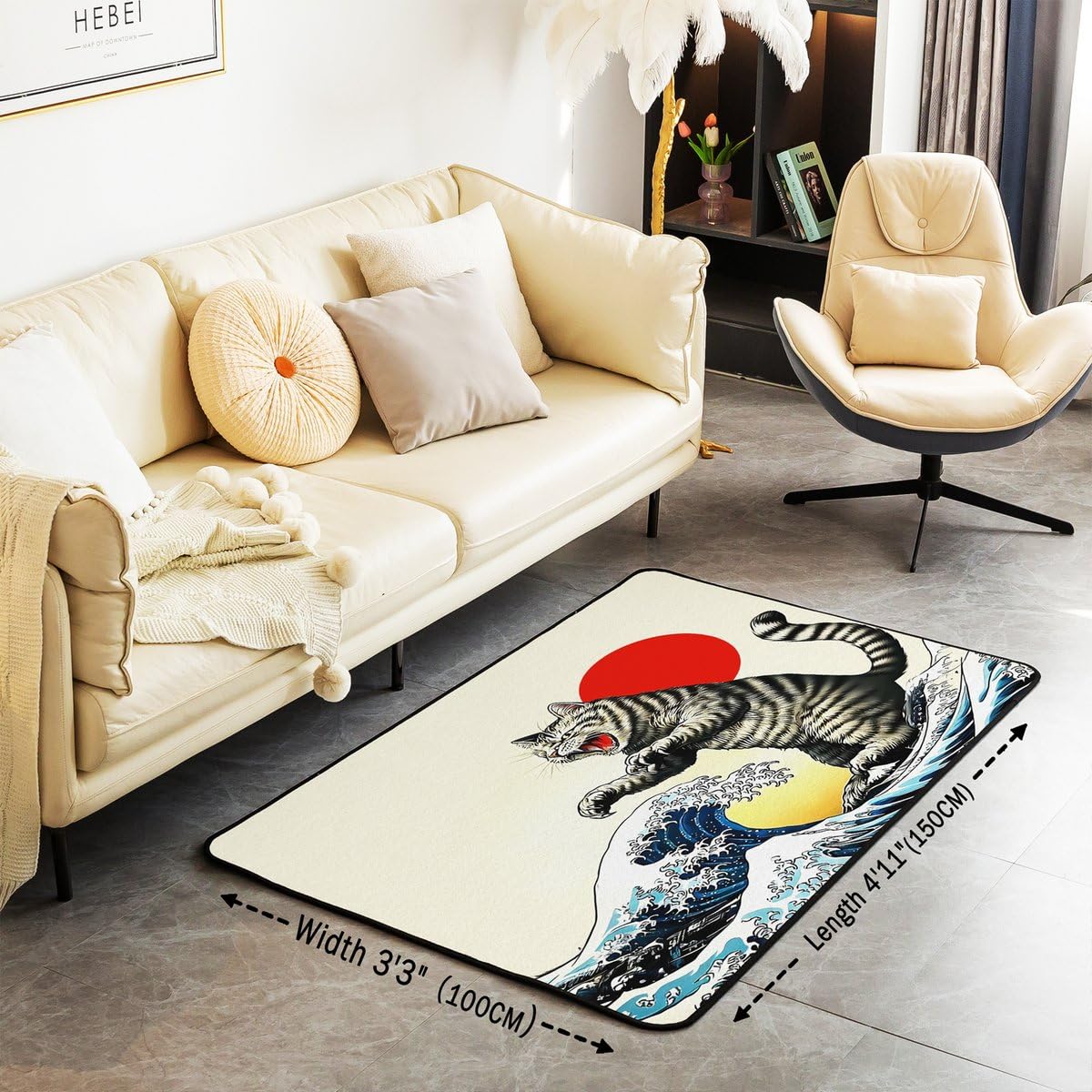 Homewish Tapis Salon 150x200cm Chat Japonais Drôle,Tapis Sol Japonais Ukiyo-E Chat,Tapis Chambre Animaux Kawaii,Décoration D'Intérieur Filles Garçons Adultes Coucher de Soleil Océan Vagues de Mer