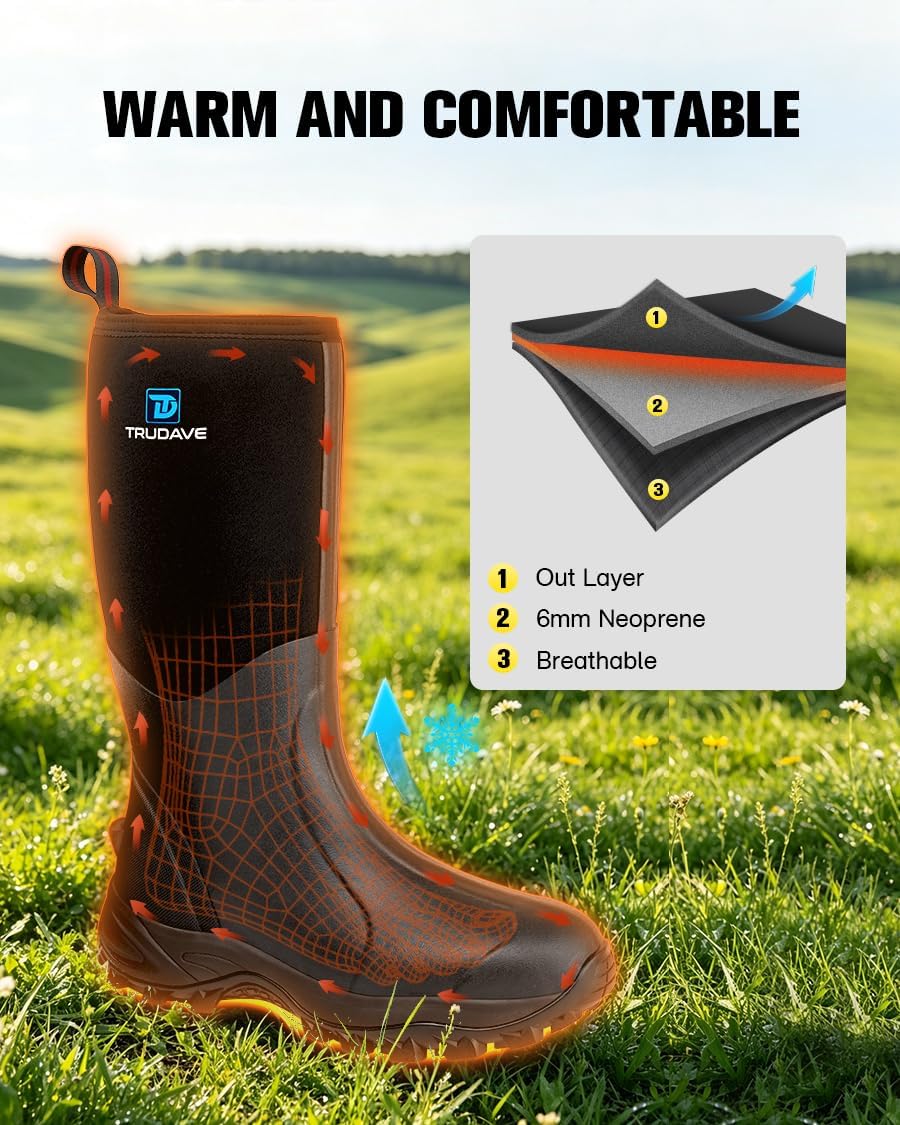 Trudave Rubber Boots for Men & Women with Steel Shank, Mens Rain Boots Waterproof Insulated, Reliable 6mm Neoprene Warm Anti-slip High Traction Multi-season Dry Mud Boot for Outdoor, Work, Hunting