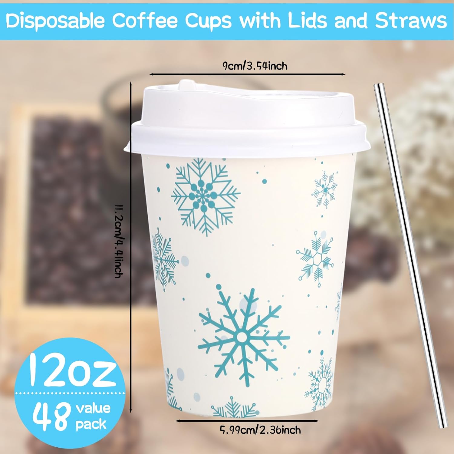48 Sets 12 oz Christmas Snowflake Disposable Coffee Cups Hot Coffee Paper Cups with Lids and Straws Bulk Disposable Espresso Tea Mug for Christmas Holiday Party Supplies