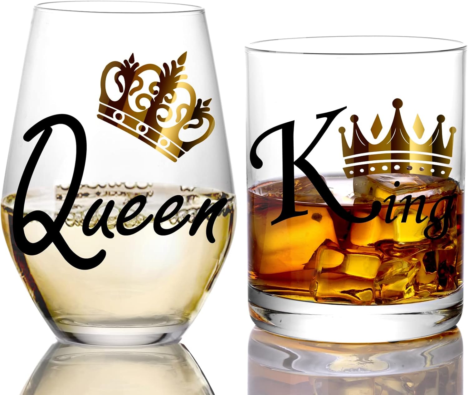 comfit King and Queen Glass Set for Couples – Burgundy Wine Glass & Beer Glass His and Hers Set with Gold Crown Design – Anniversary, Engagement, Wedding，Valentines Day Gift for Husband and Wife