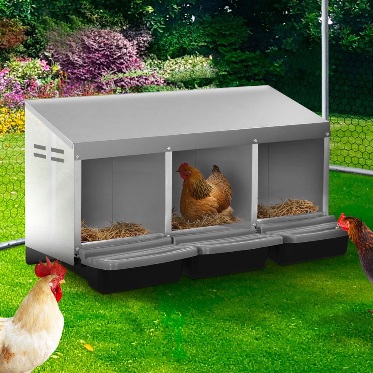 IDMarket - Ponedero para gallinas 3 ubicaciones nidal de metal con Fondo