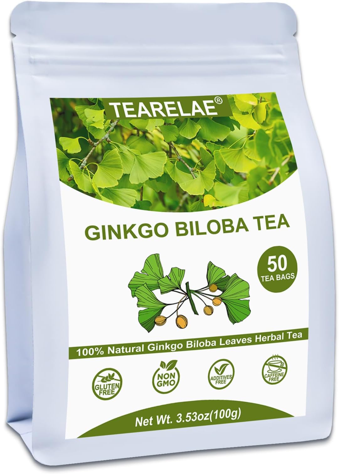 Ginkgo Biloba Tea Bags, 50 Count - 100% Pure Ginkgo Biloba Leaves - Non-GMO - Naturally Caffeine-free Herbal Tea - Support Vision Health & Enhance Immunity