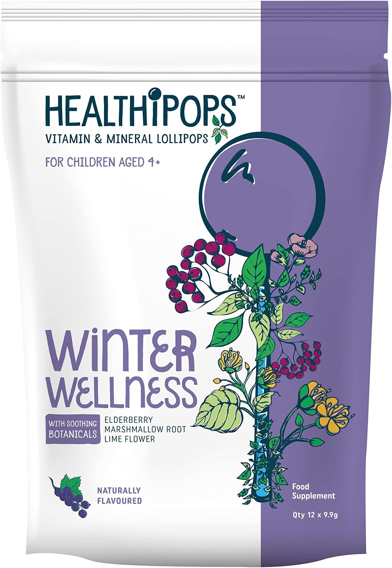 Healthipops Vitamin & Mineral LollipopsWinter Wellness Suitable for Ages 4+ with Added Soothing Botanicals, Elderberry, Marshmallow Root and Lime Flower, Blackurrant Flavour 12 Lollipops