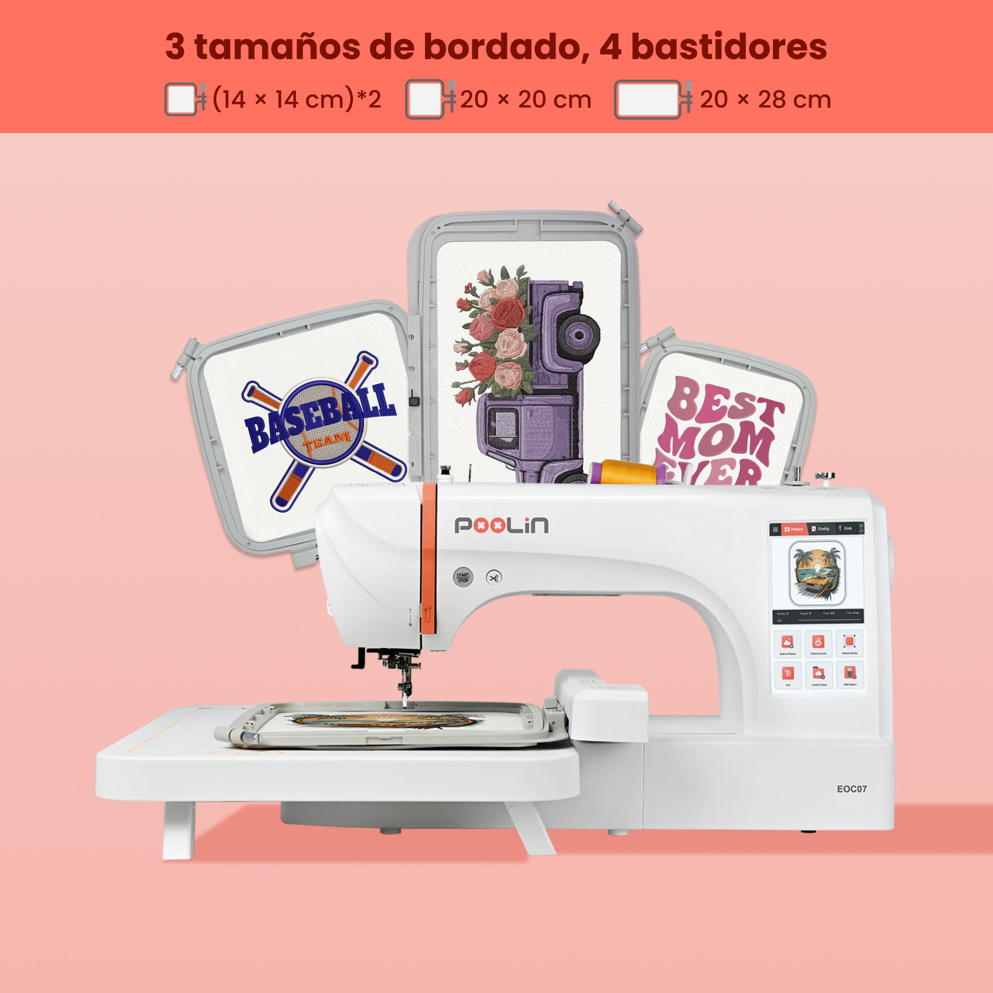 PooLin EOC07 - Máquina de bordar (20 x 38 cm, pantalla táctil HD 7", transferencia Wi-Fi, 200 diseños integrados, 860 pts/min, 4 marcos incluidos