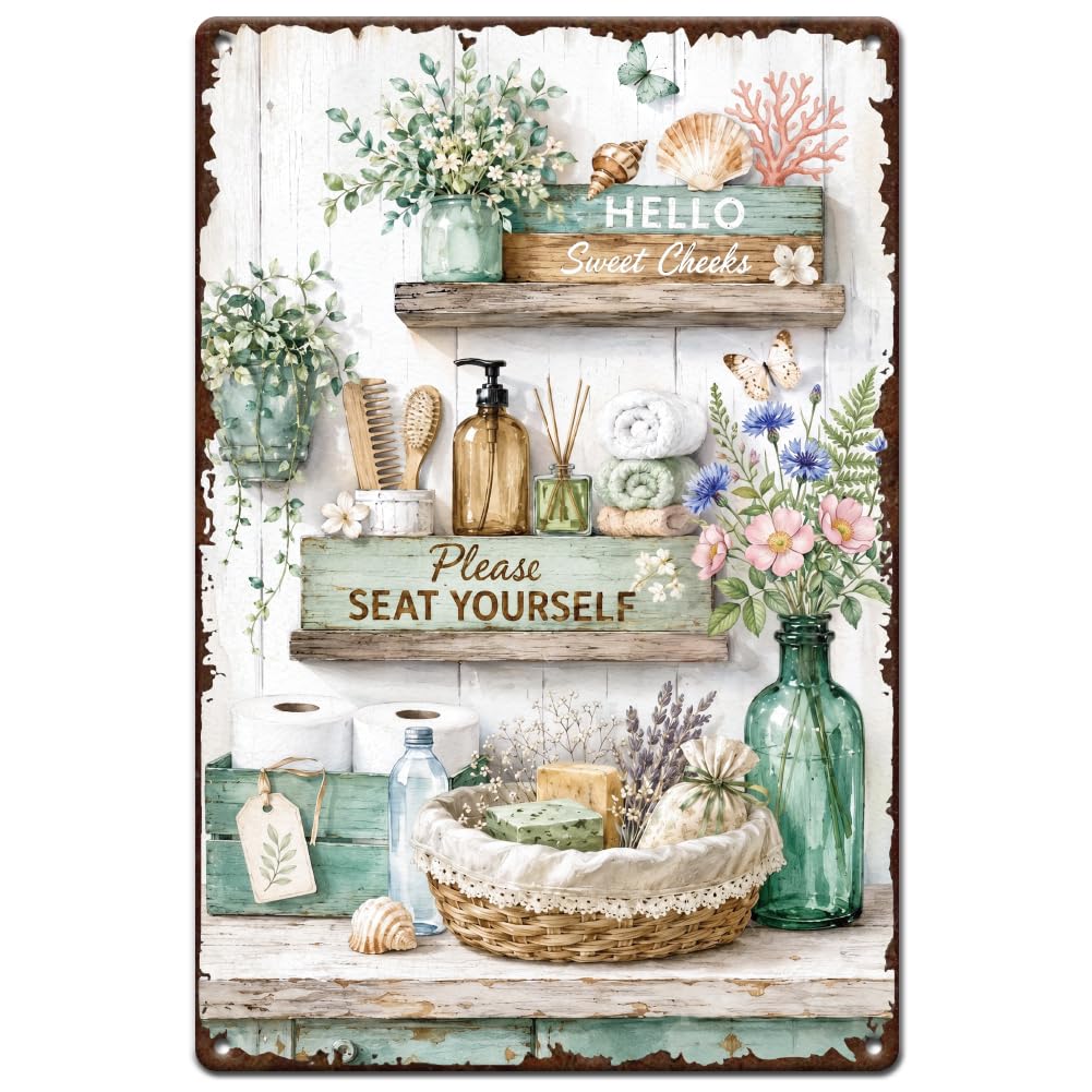 SUPERDANT Bathroom Metal Sign 12x8 Inch/30x20cm Vintage Colorful Floral Bathroom Tin Sign Retro Wall Decor Iron Art For Farmhouse Restroom Powder Room Home Decor