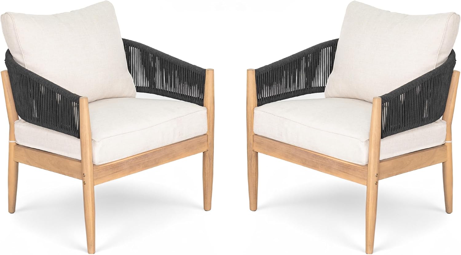 Christopher Knight Home Naomi Set of 2 Patio Acacia Wood Club Chair with Cushions, Handwoven Rope Lounge Chair Outdoor for Porch/Backyard, Stylish Garden Seating with Curved Backrest, Beige + Black