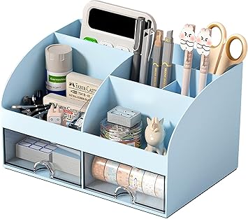 Zollyss Plastic Multifunctional Desk Organiser With 6 Compartments & 2 Drawer Desktop Office Supplies Stationery Storage Box For Pens Staplers Clips Sticky Notes Mobile Holder (Blue) - image, photos