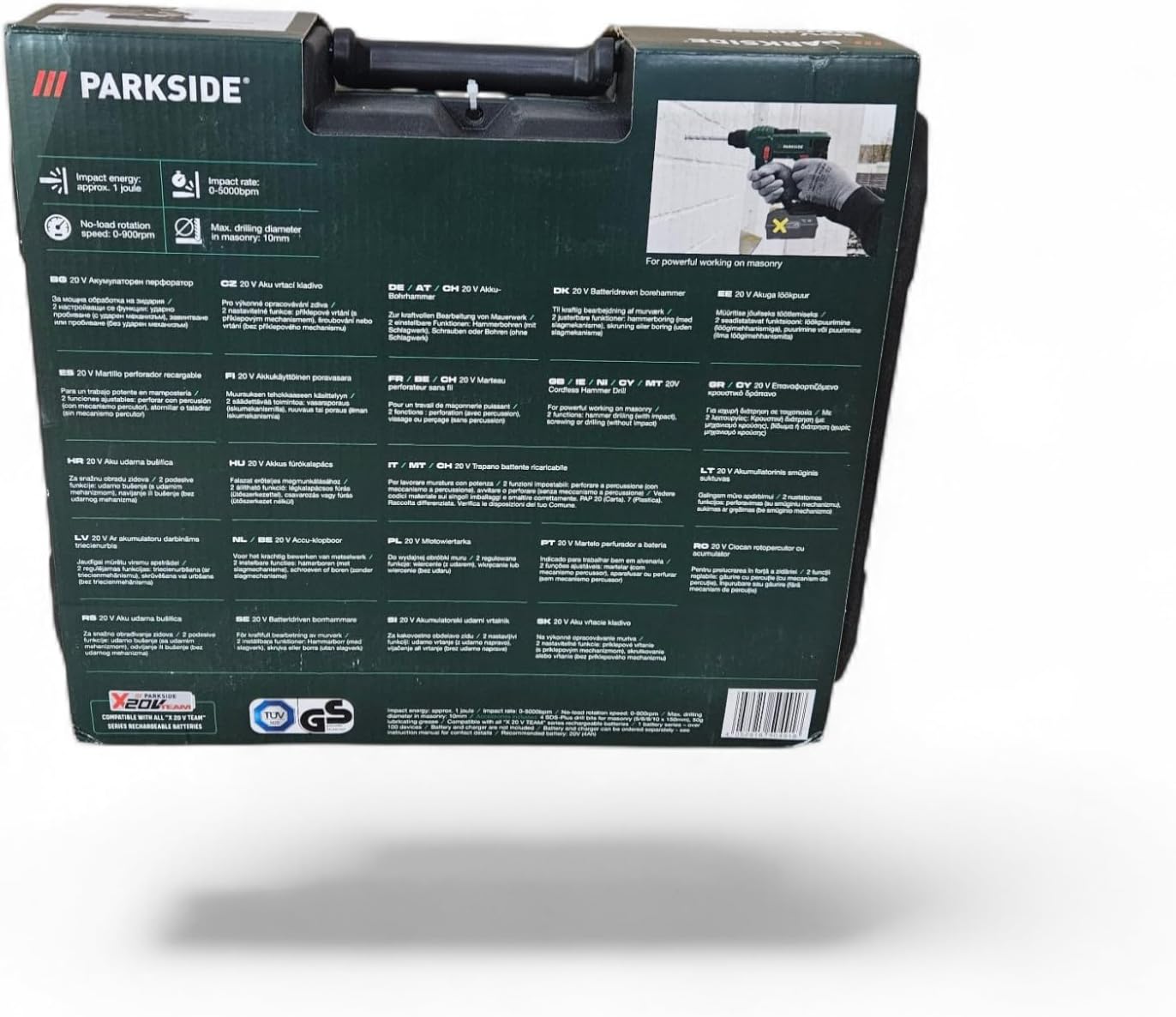 Back of the Parkside PABH 20-Li B2 box showing technical specifications