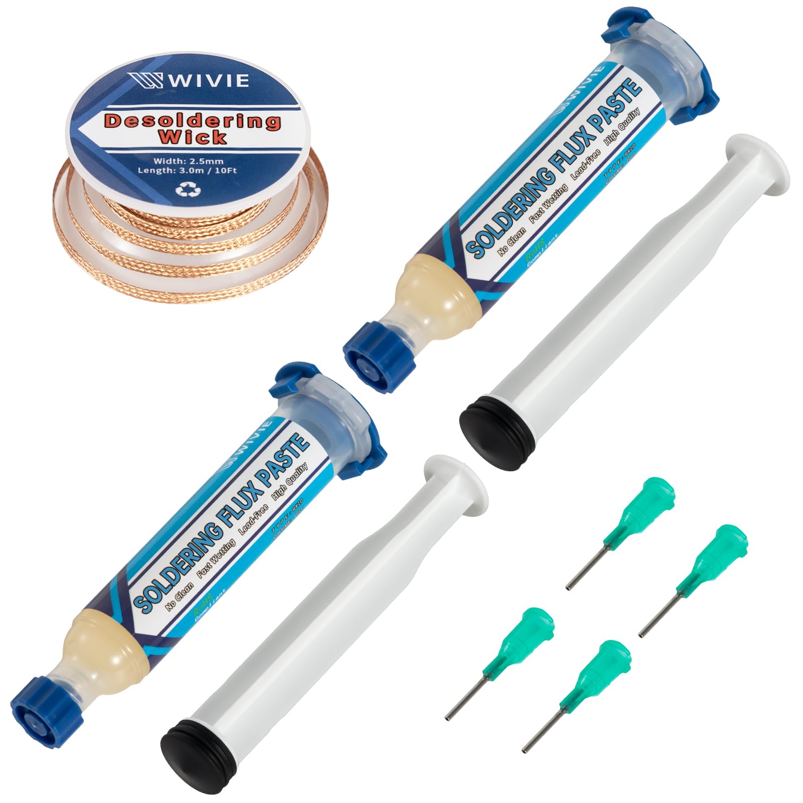 WIVIE Bleifreies No-Clean-Lötpastenflussmittel (2-Packungen) & 2.5mm Keine Reinigung nötig Löt Entlötlitze, 3M/10Ft Entlötlitze Reines Kupfer Entlöten Draht für Löt Entfernung(1 teilig)