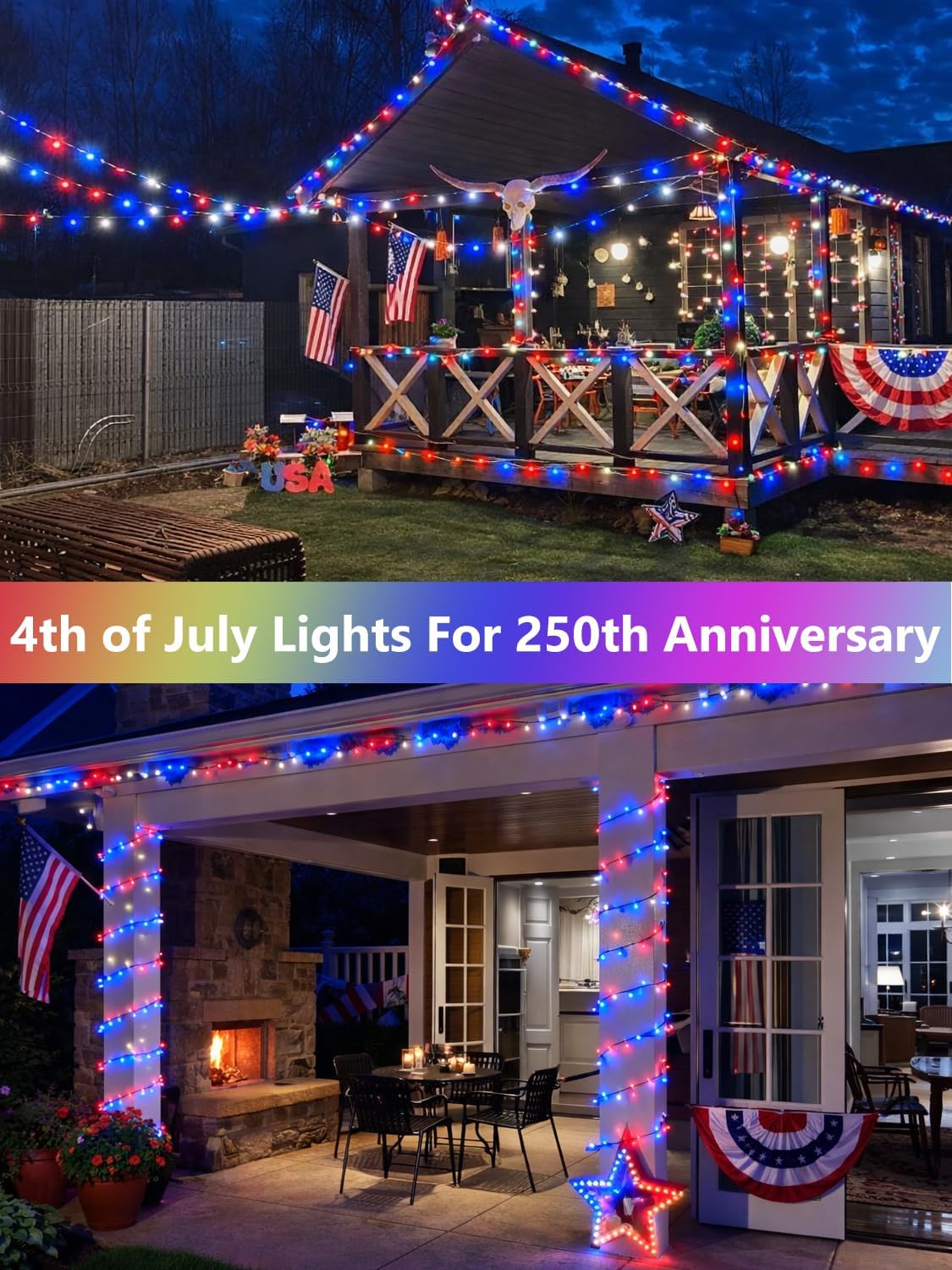 4 Pack 400LED Red White and Blue Solar String Lights Outdoor Waterproof, 132FT 4th of July Decorations Patriotic Lights, Solar Fairy Twinkle Lights for 250th Anniversary Independence Day Memorial Day