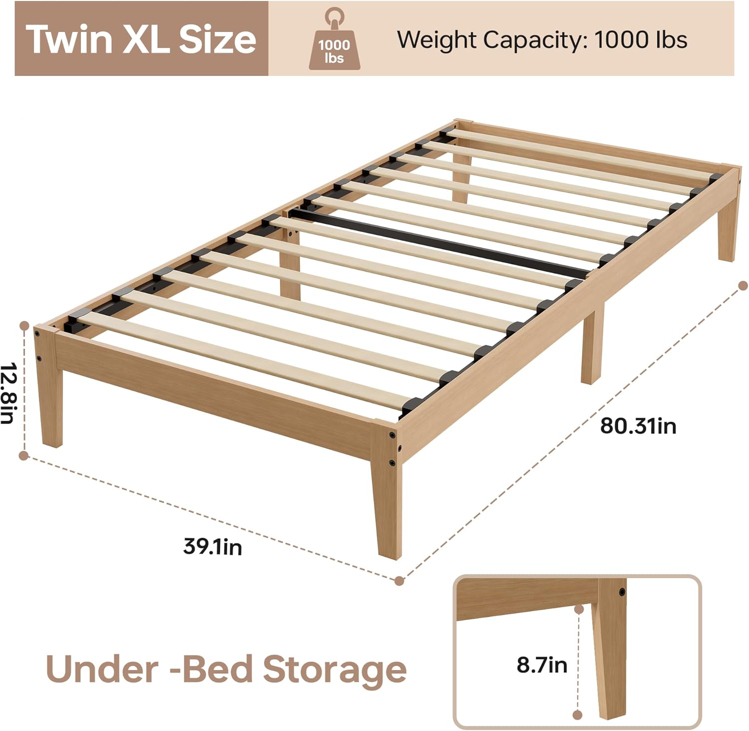 Tyndall Twin XL Bed Frame, 12 Inch Solid Wood Platform Bed with Wooden Slats, Natural Finish Wood Bed Frame with Underbed Space for Storage, Easy Assembly, No Box Spring Needed