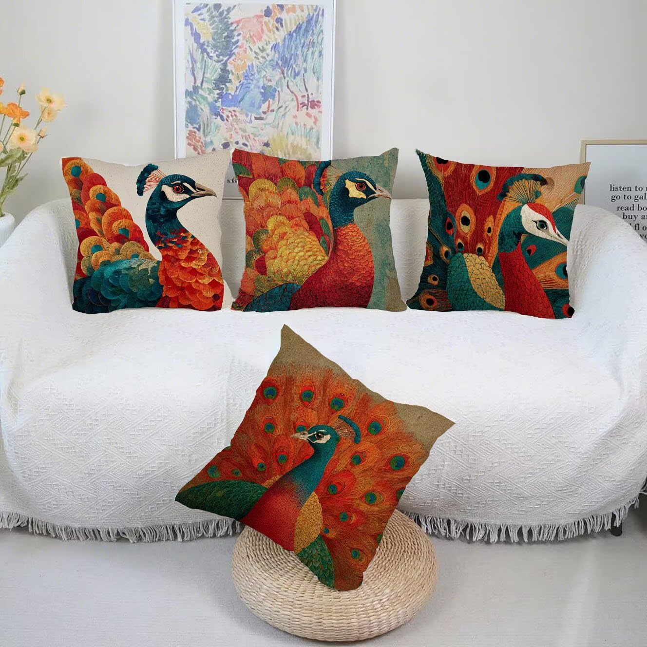 Housse Coussin 55x55 Le paon Taie d'oreiller, Lot de 4 Velours taie oreiller, Rouge Carré oreiller pour maison décorative O Automne Cadeaux, Fermeture à glissière invisible, Lavable en machine. B-542