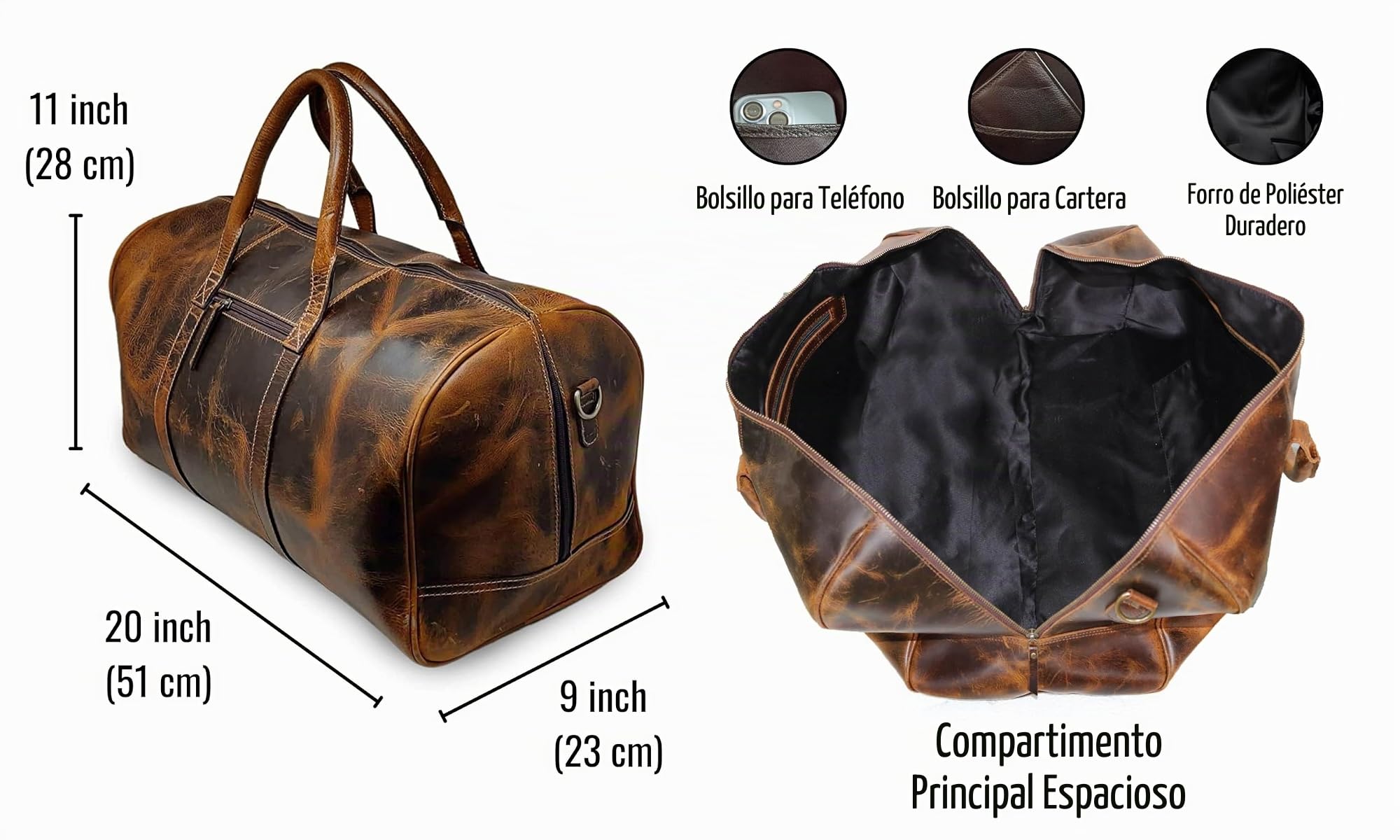 Jaald 50 cm de Piel de búfalo auténtico de Piel de búfalo, para Fin de Semana, Equipaje, Bolsa de Viaje, Bolsa de Deporte, Bolsa de Viaje de Fin de Semana, Equipaje de Mano, Bolsa de Gimnasio,