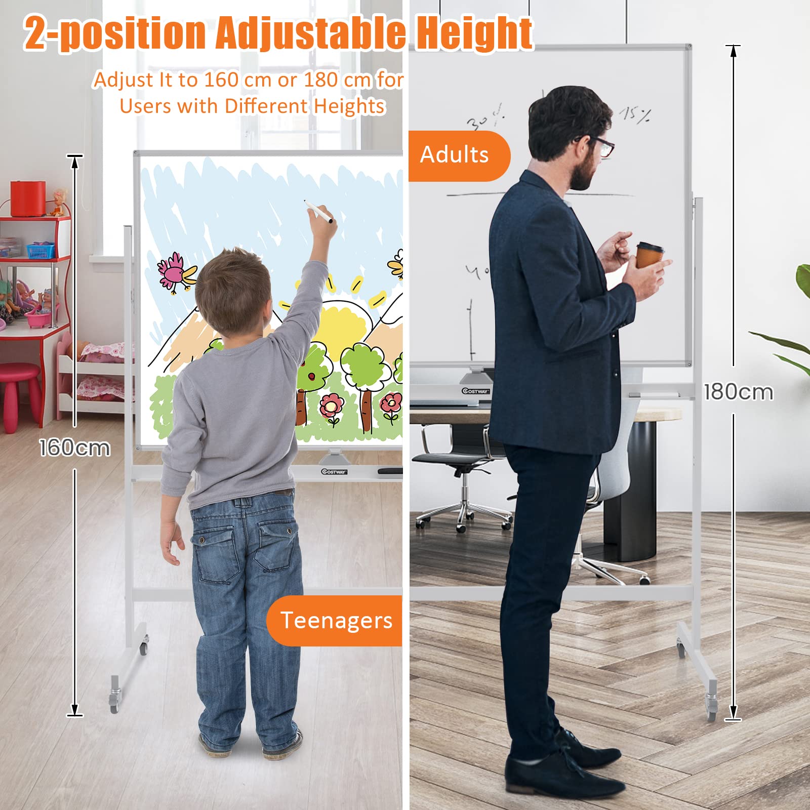 GIANTEX Mobiles Whiteboard mit Ständer, 120 x 90 cm Doppelseitige Magnettafel 160/180 cm höhenverstellbar & 360° drehbar, Magnetisch mit Stiftablage, für Schule, Zuhause & Büro (Weiß)