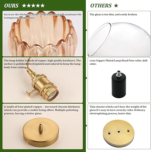 Miniatura 87 de Lámpara colgante con pantalla de cristal ámbar Scindapsus de cristal, lámpara colgante vintage de latón, luz colgante ajustable para cocina, isla