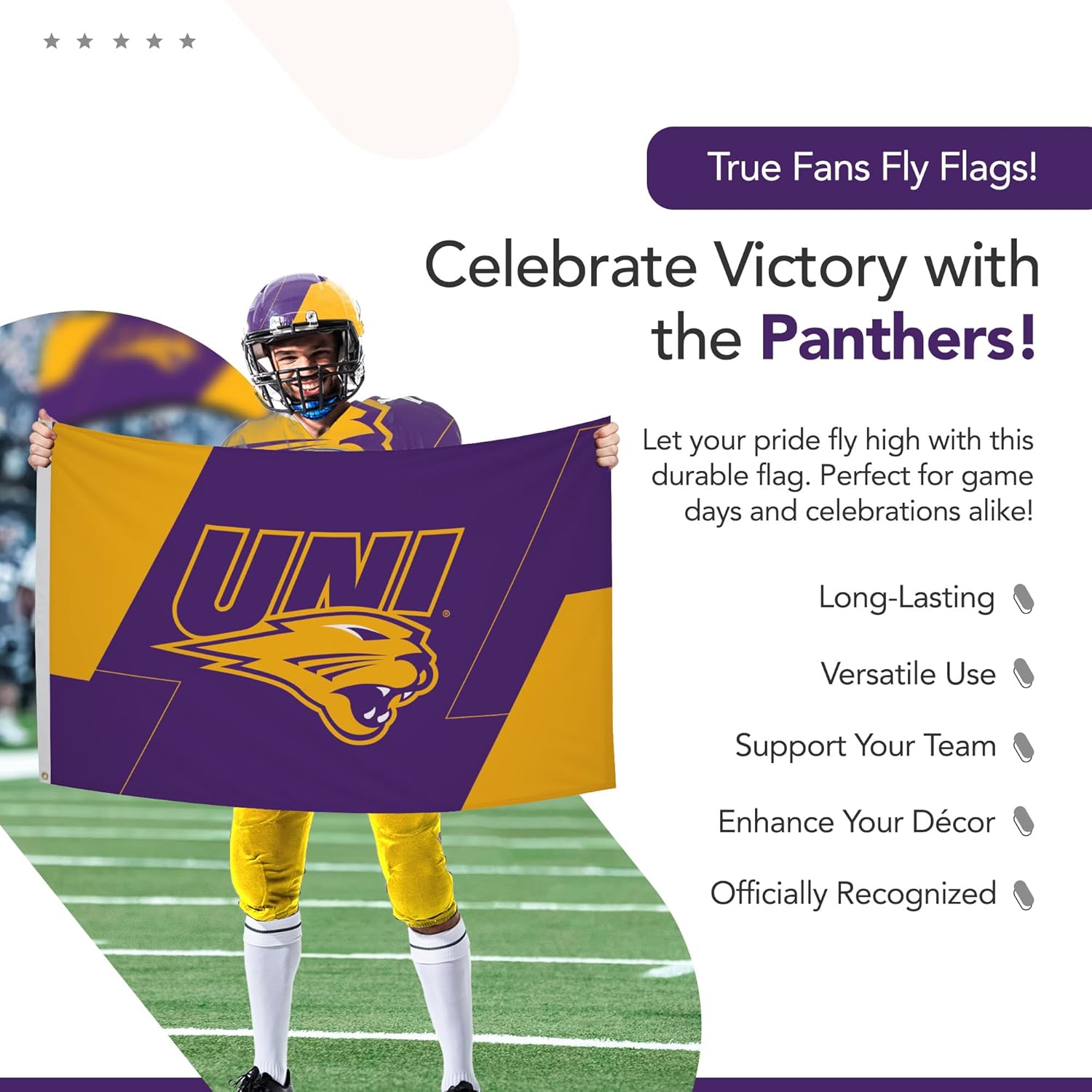 Northern Iowa Panthers College Sports Printed Flag - NCAA Licensed - Nylon - School Banner (Purple, Yellow, White) (3' x 5')