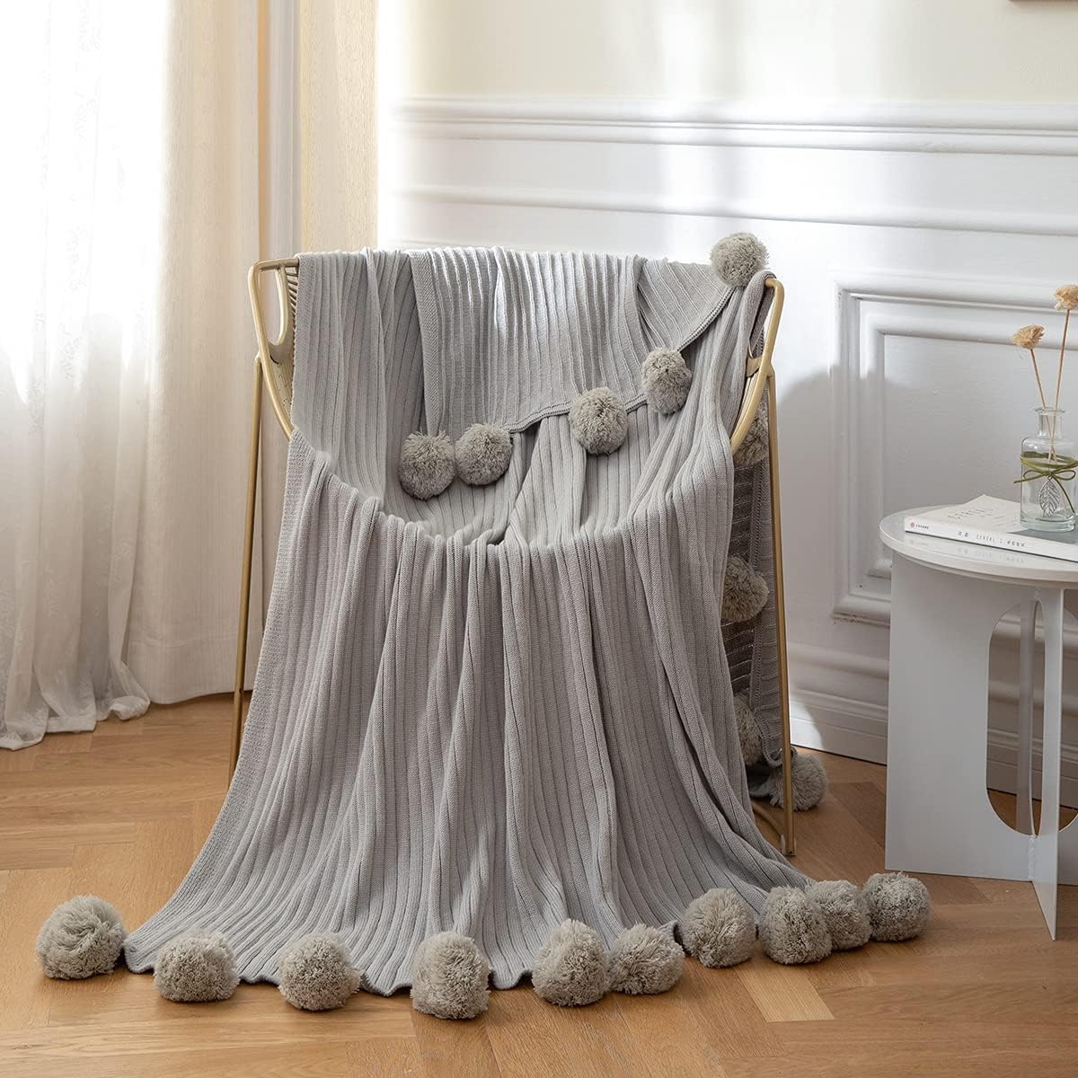 Throw Blanket with Pompom (150x200cm, Gray), MYLUNE HOME 100% Cotton Knitted Throw Blanket Cozy for Sofas, Settees, Beds, Armchairs