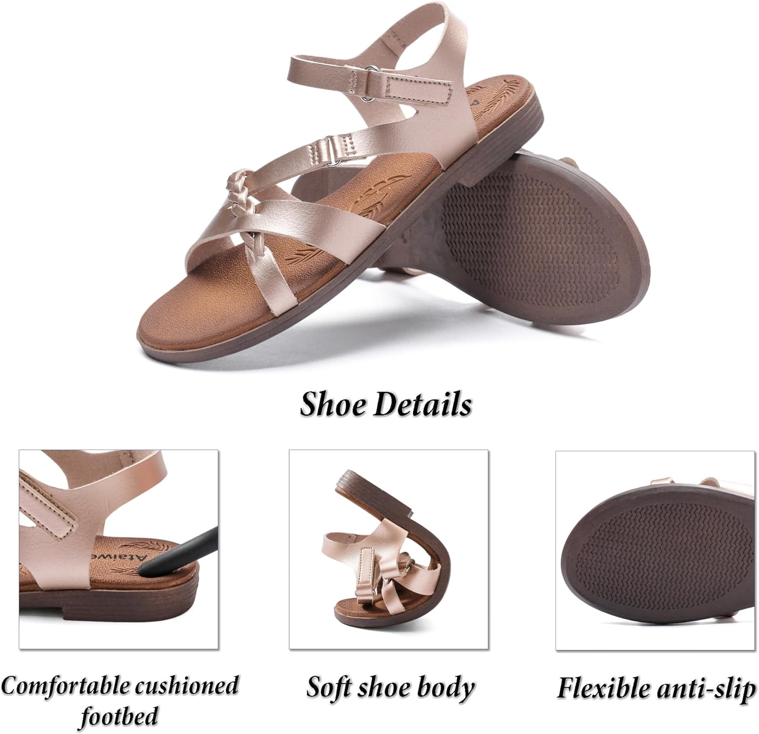 Ataiwee Women's Flat Slide Sandals - Comfortable Slip-On with Ankle Strap,Casual Open Toe Design,Hook-and-Loop Closure Summer Sandals. - Image 5