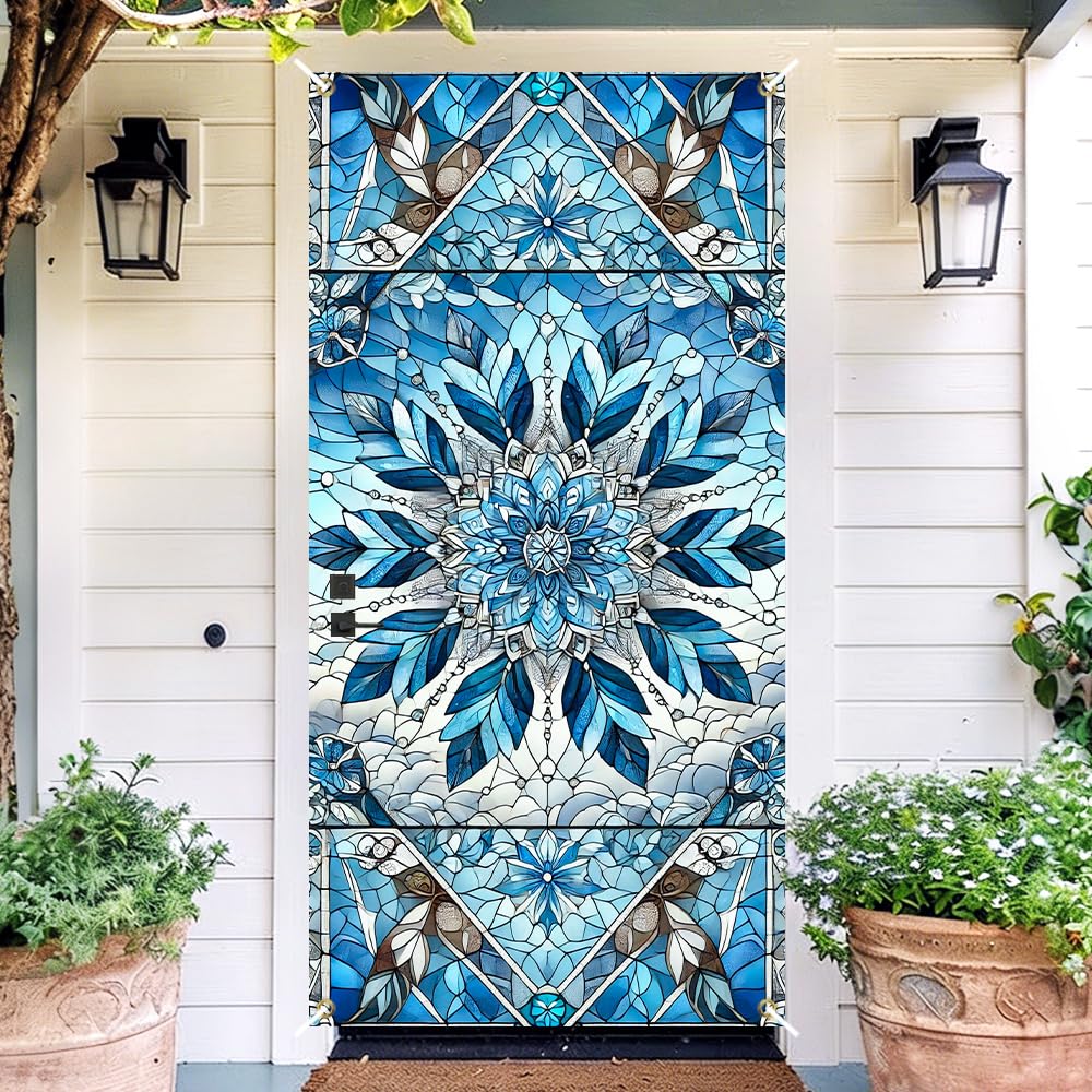 Blue Mandala Stained Glass Door Cover 35x71in Crystal