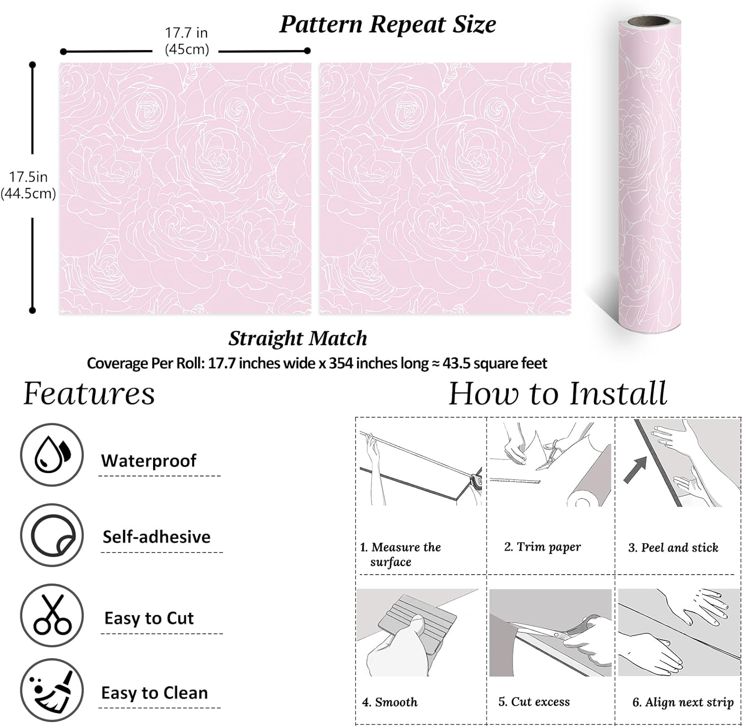 VEELIKE Outline Rose Flower Wallpaper Peel and Stick Vintage Pink Floral Wallpaper for Bedroom Nursery Bathroom 17.7''x354'' Self Adhesive Removable Wallpaper Pink Contact Paper for Cabinets Walls
